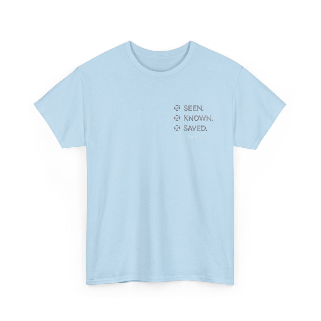 Black Text-Pattern T-Shirt — Seen Known Saved Christian Typography Graphic Tee