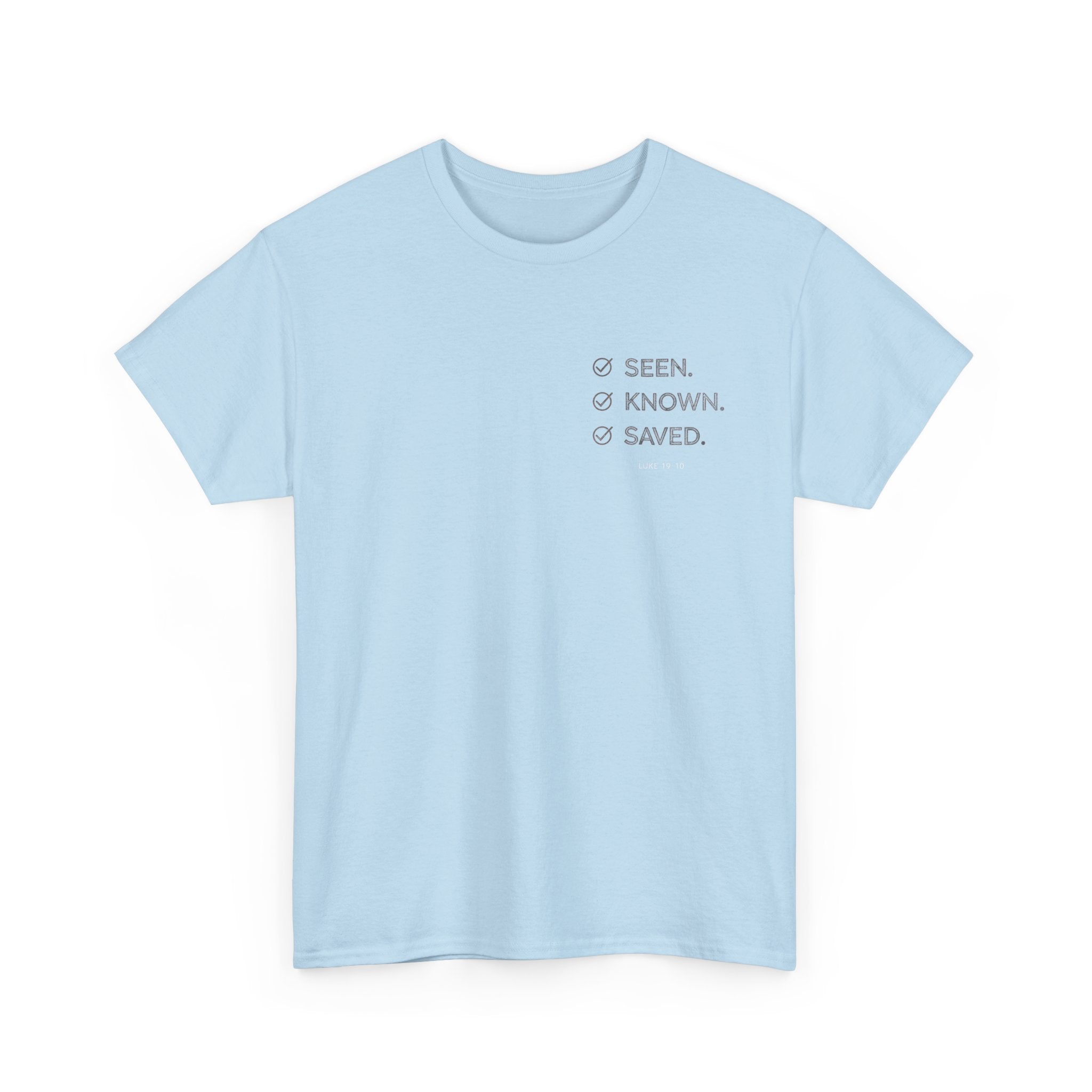 Black Text-Pattern T-Shirt — Seen Known Saved Christian Typography Graphic Tee