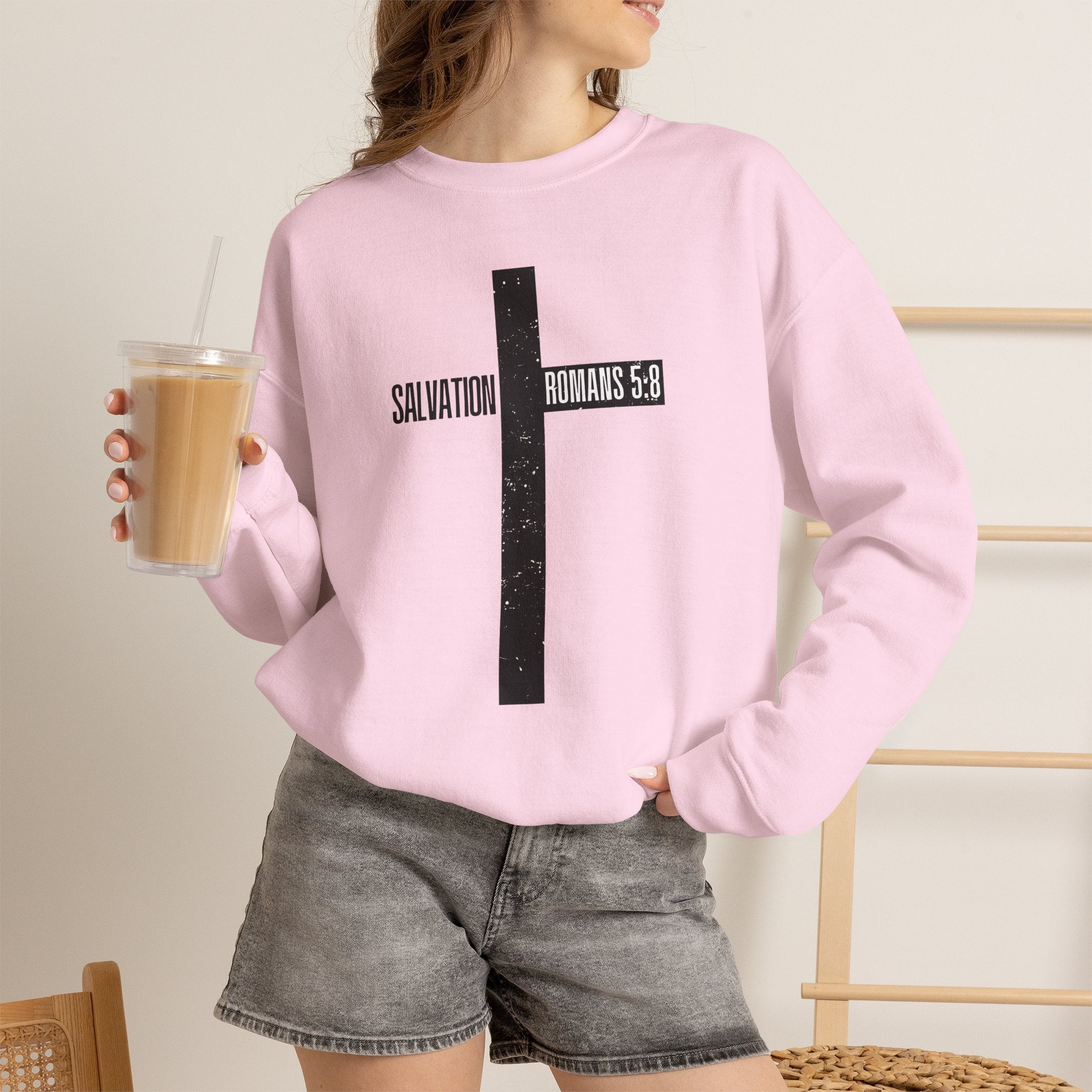 Christian Crewneck Sweatshirt "Salvation" Romans 5:8 Pullover, Jesus Cross Apparel, Faith Grace Graphic Sweatshirt