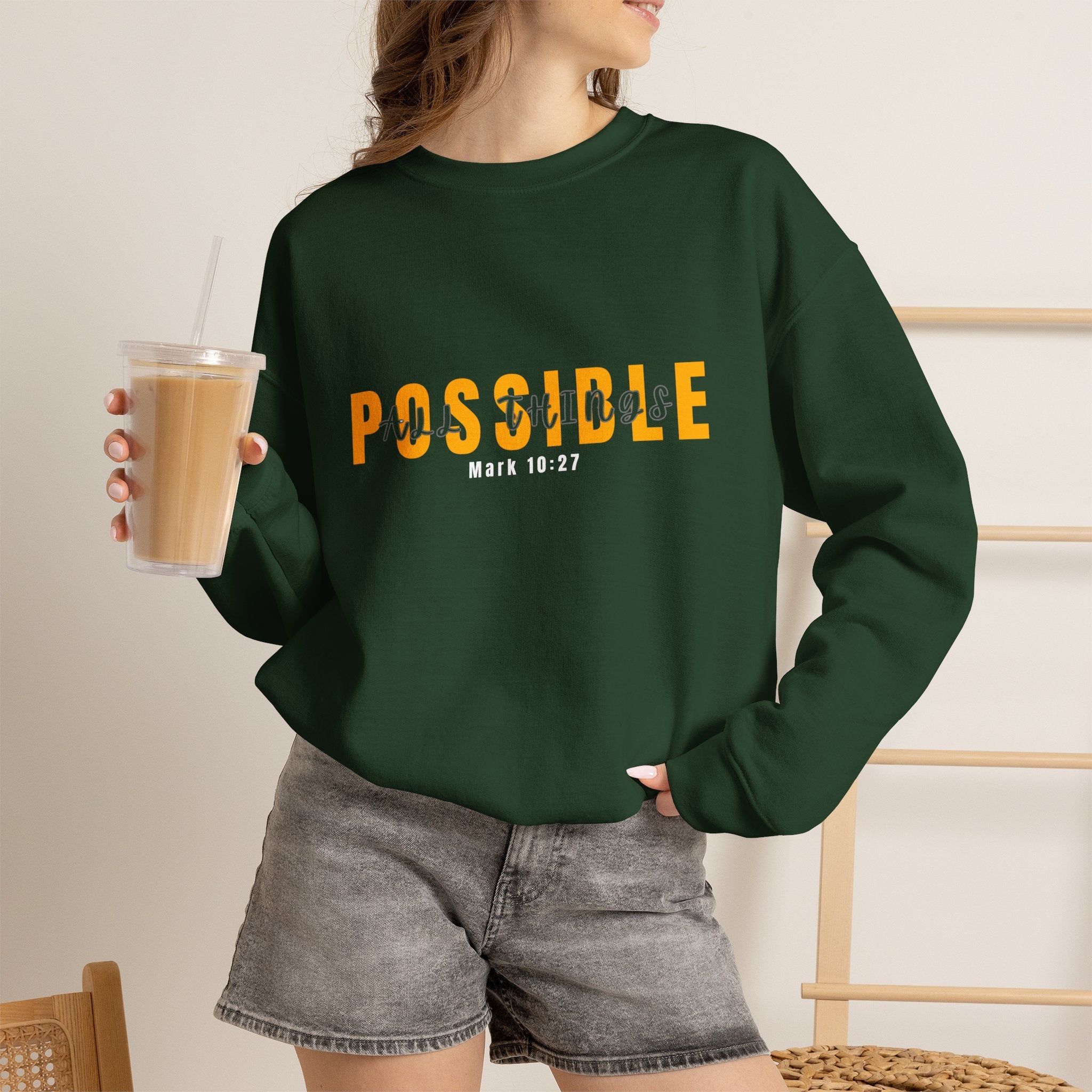 Christian Crewneck Sweatshirt "Possible" Pullover, Mark 10:27 Scripture Apparel, All Things Are Possible Faith Graphic Sweatshirt