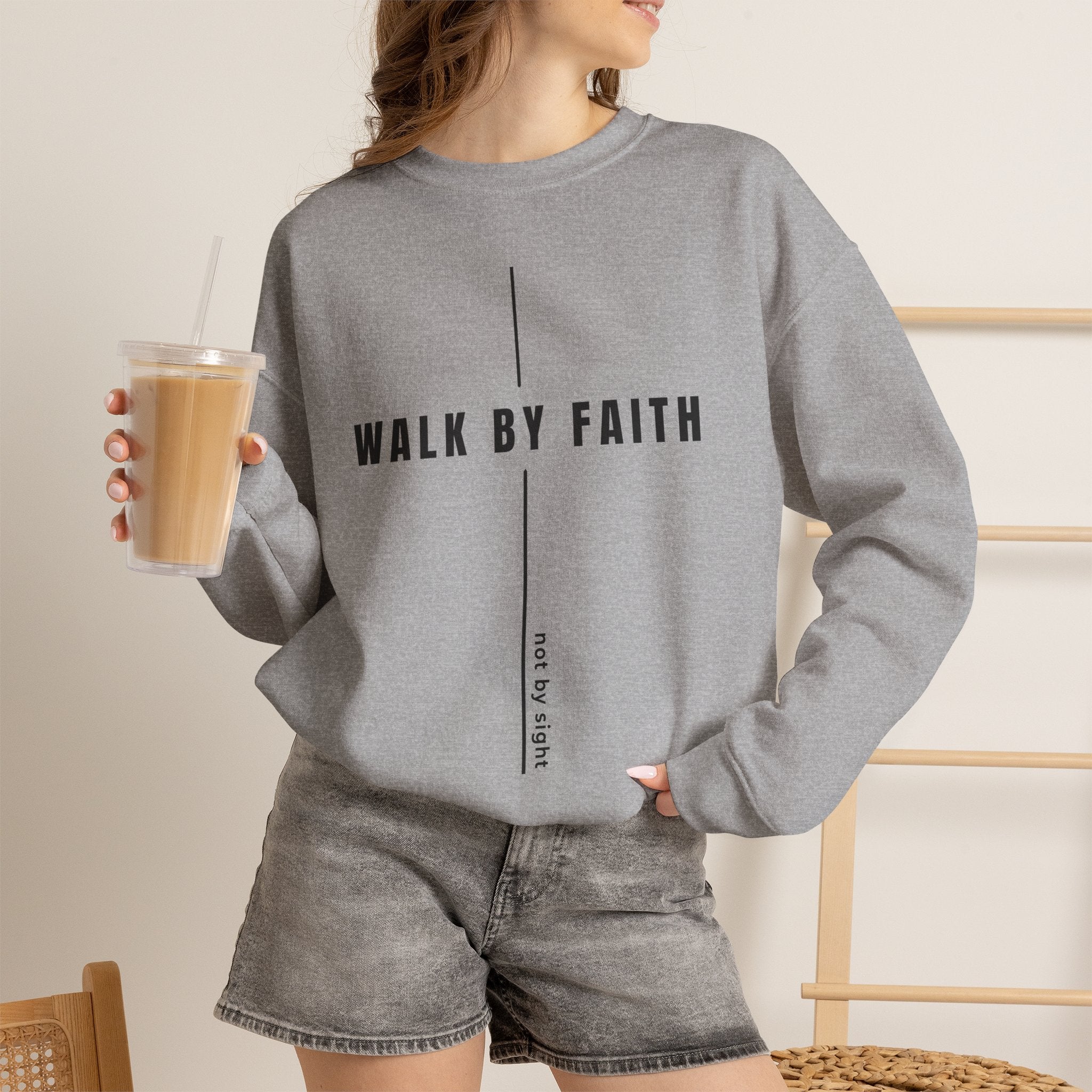 Christian Crewneck Sweatshirt "Walk By Faith" Pullover, 2 Corinthians 5:7 Apparel, Minimalist Faith Graphic Sweatshirt