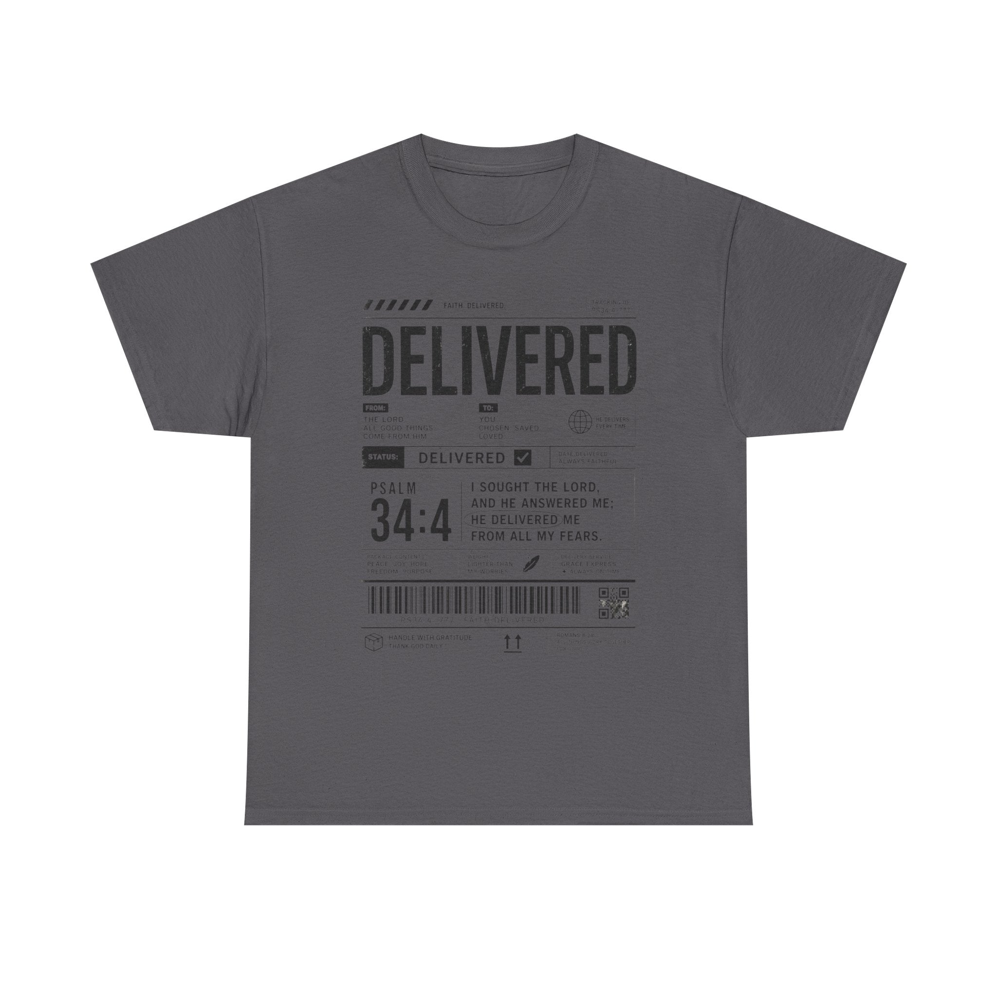 Delivered Graphic Tee — Inspirational Psalm 34:4 Christian T-Shirt