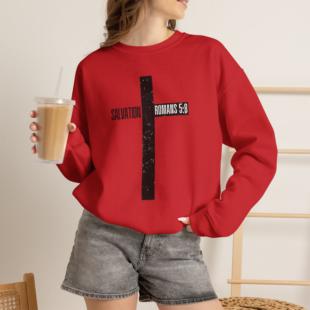 Christian Crewneck Sweatshirt "Salvation" Romans 5:8 Pullover, Jesus Cross Apparel, Faith Grace Graphic Sweatshirt