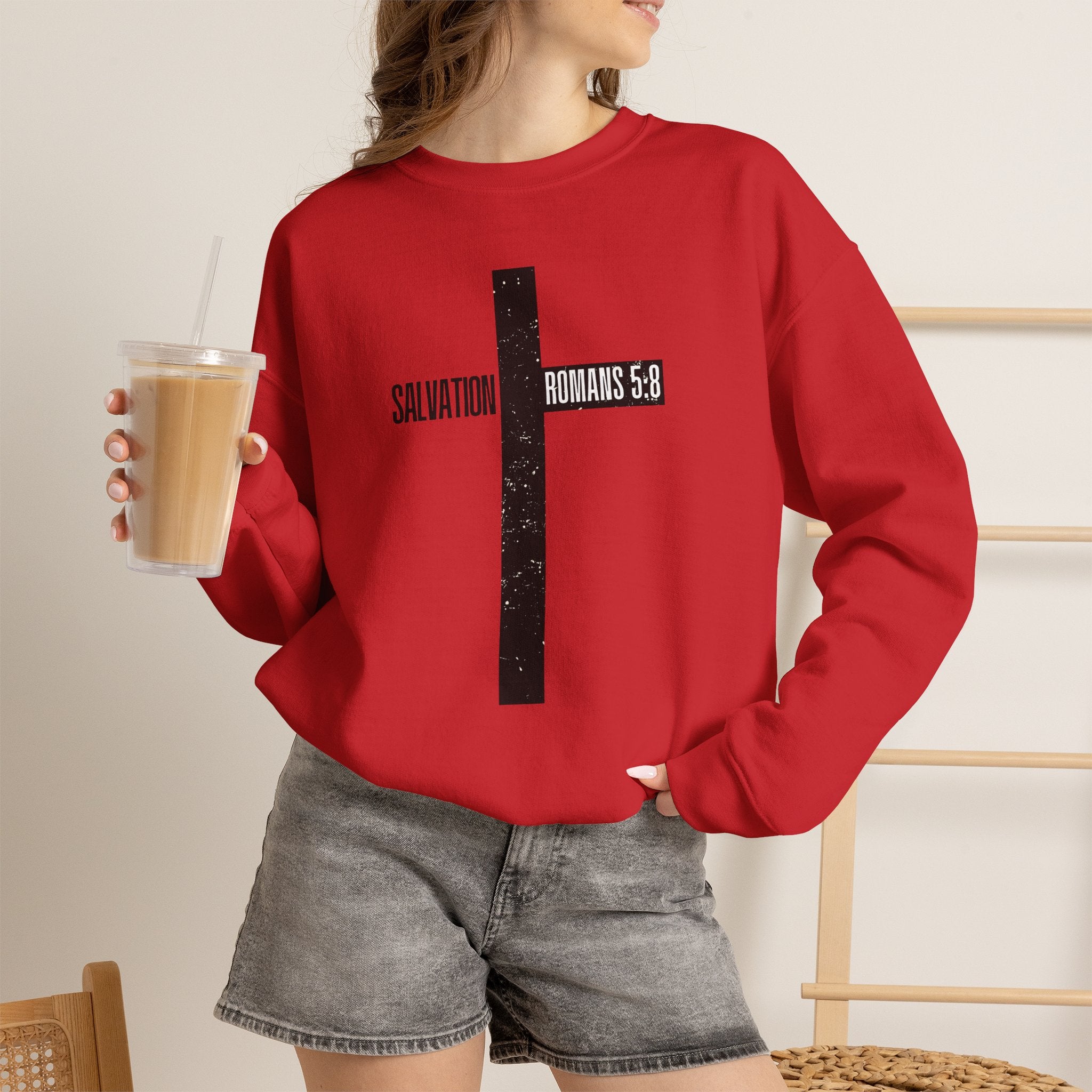 Christian Crewneck Sweatshirt "Salvation" Romans 5:8 Pullover, Jesus Cross Apparel, Faith Grace Graphic Sweatshirt