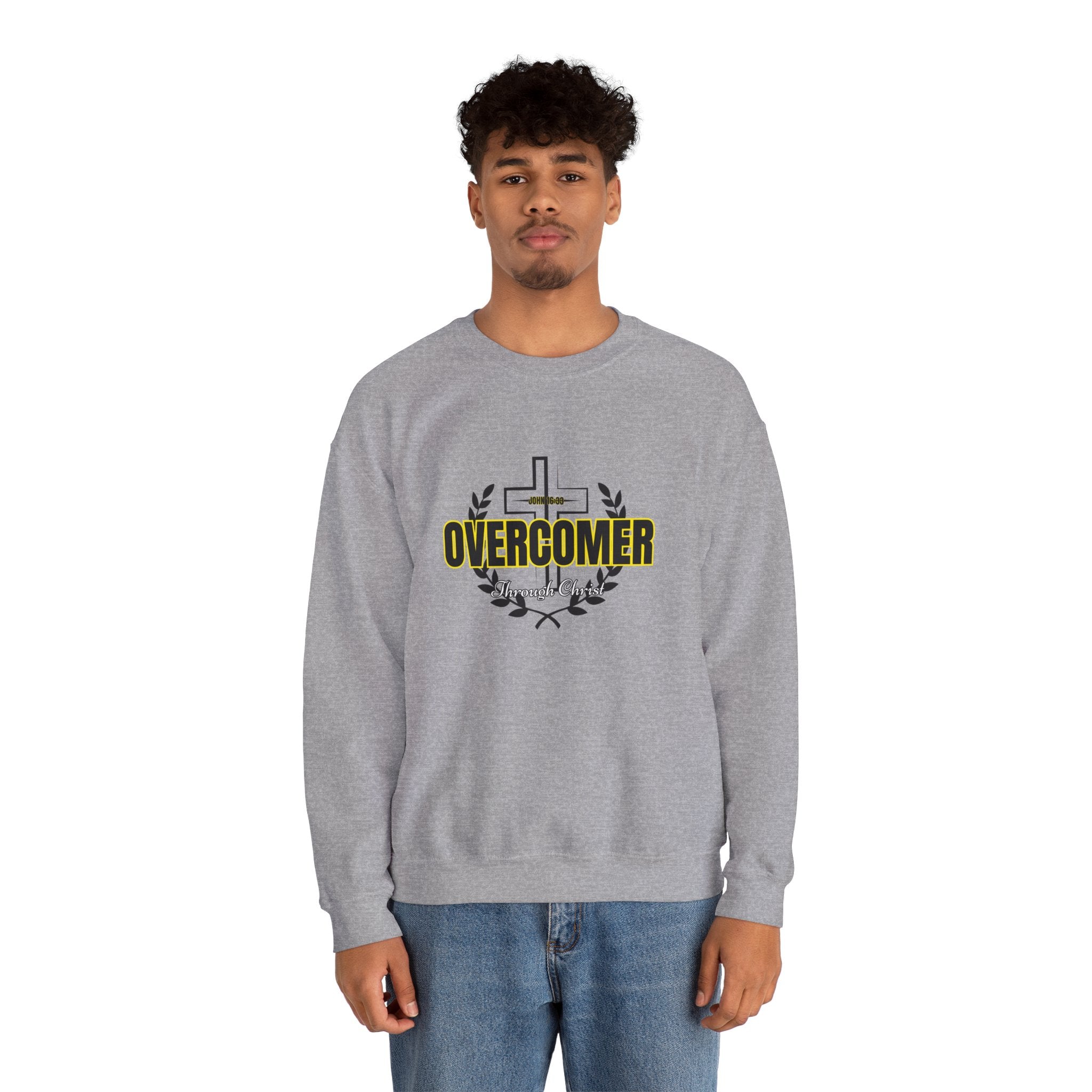 "Overcomer" Cross Graphic Crewneck – Unisex Minimalist Faith Pullover