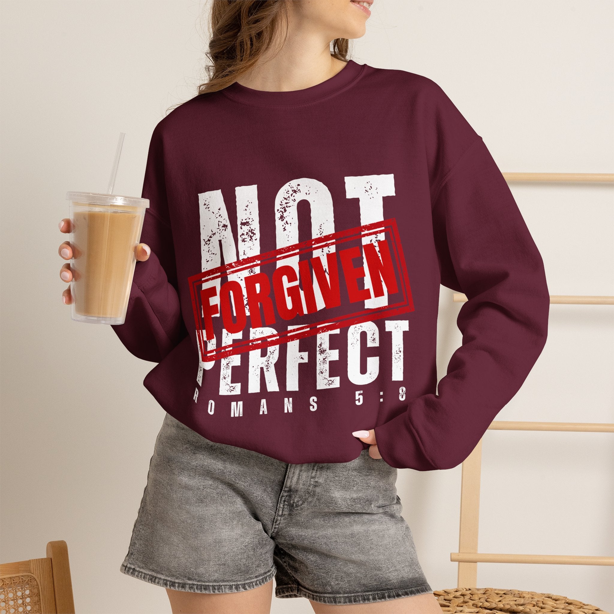 Christian Crewneck Sweatshirt — "Not Perfect, Forgiven" (Romans 5:8)
