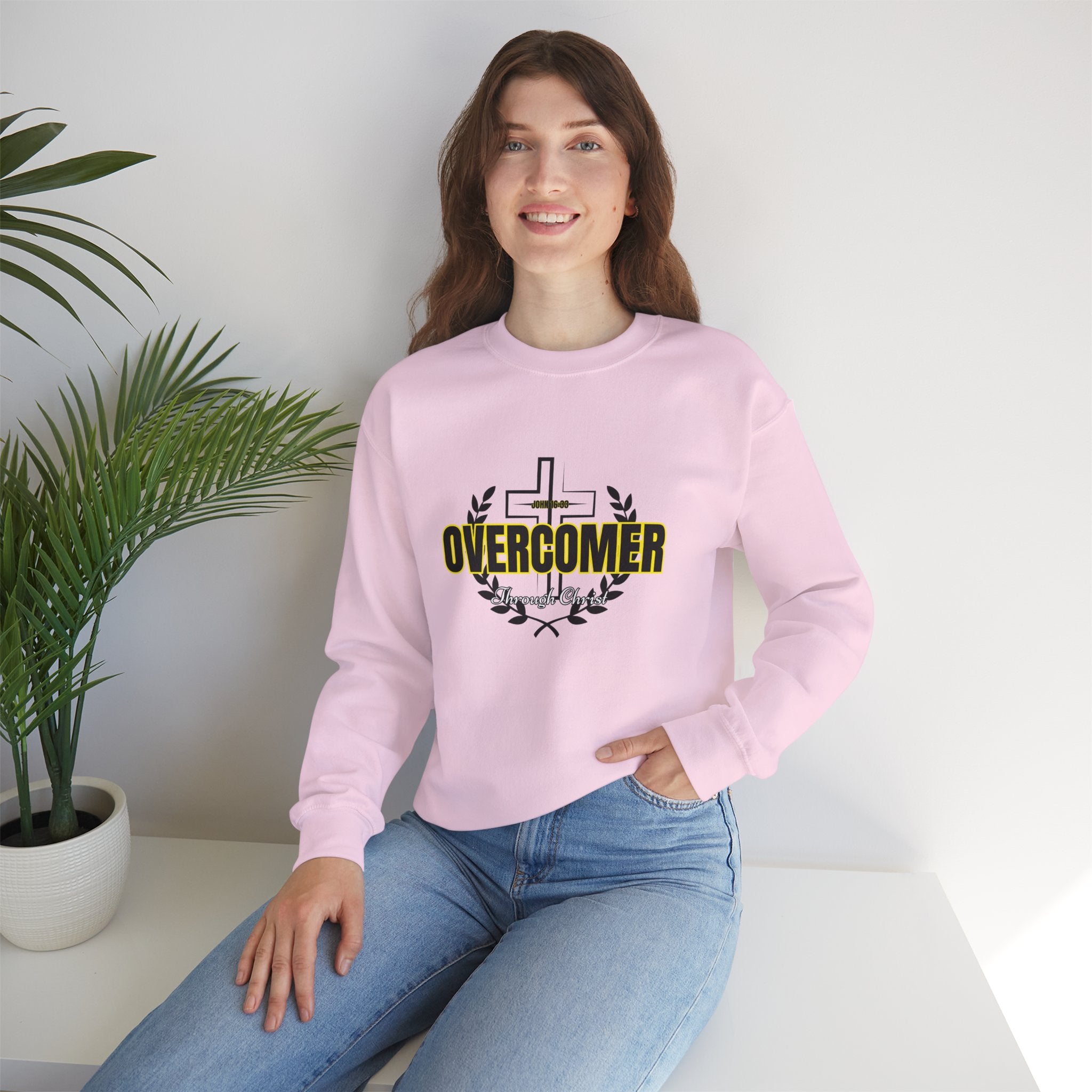 "Overcomer" Cross Graphic Crewneck – Unisex Minimalist Faith Pullover