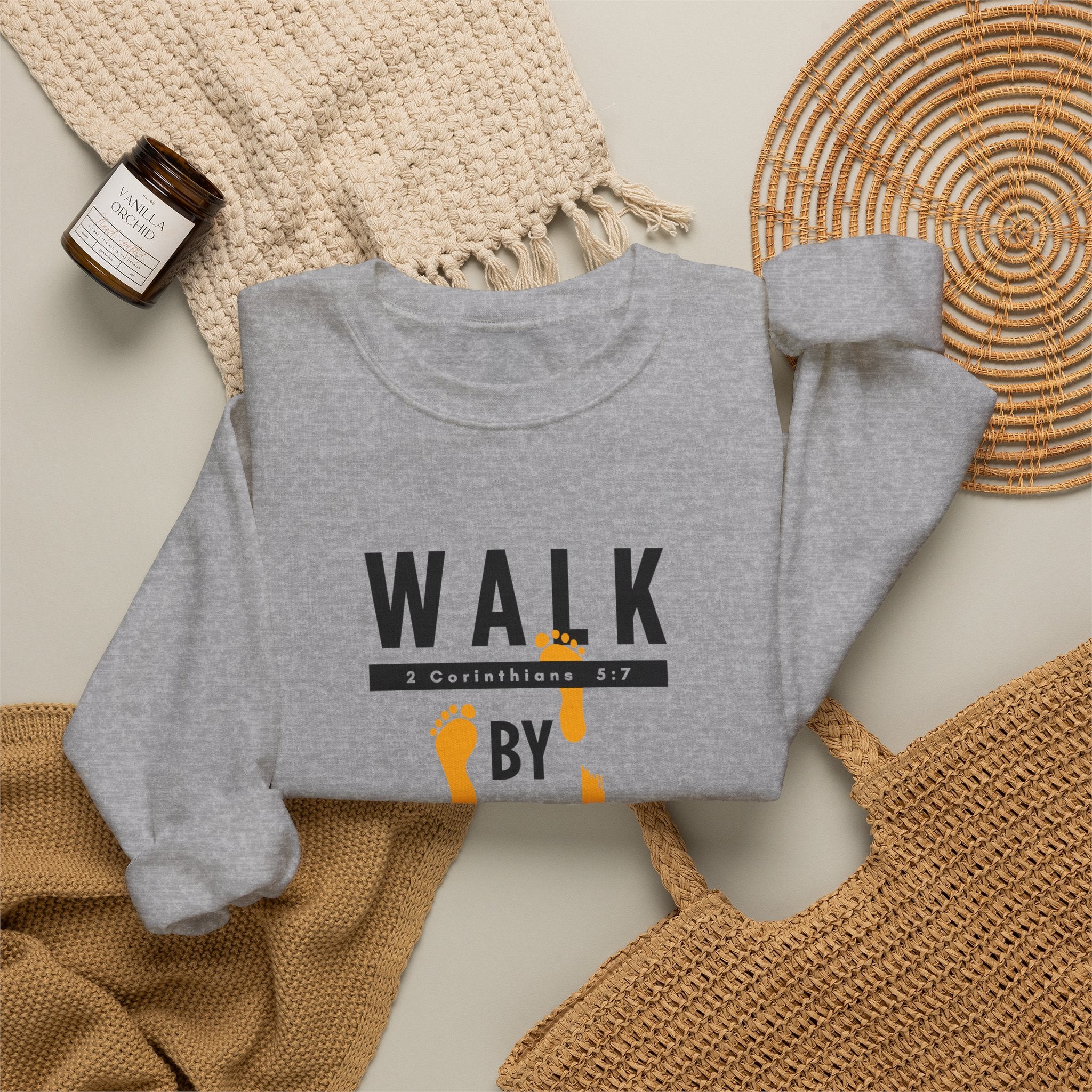 Christian Crewneck Sweatshirt "Walk By Faith" Pullover, 2 Corinthians 5:7 Apparel, Inspirational Faith Graphic Sweatshirt