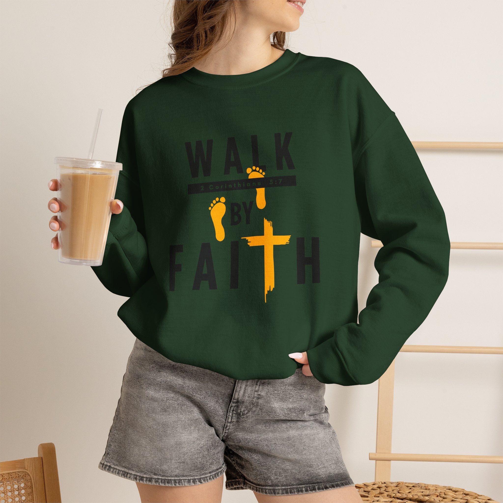 Christian Crewneck Sweatshirt "Walk By Faith" Pullover, 2 Corinthians 5:7 Apparel, Inspirational Faith Graphic Sweatshirt