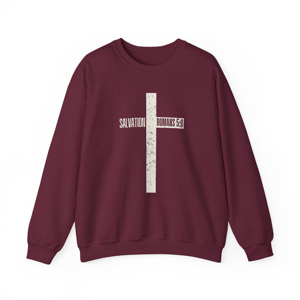 Christian Crewneck Sweatshirt "Salvation" Romans 5:8 Pullover, White Cross Graphic Apparel, Rustic Style Faith Sweatshirt
