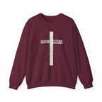 Christian Crewneck Sweatshirt "Salvation" Romans 5:8 Pullover, White Cross Graphic Apparel, Rustic Style Faith Sweatshirt