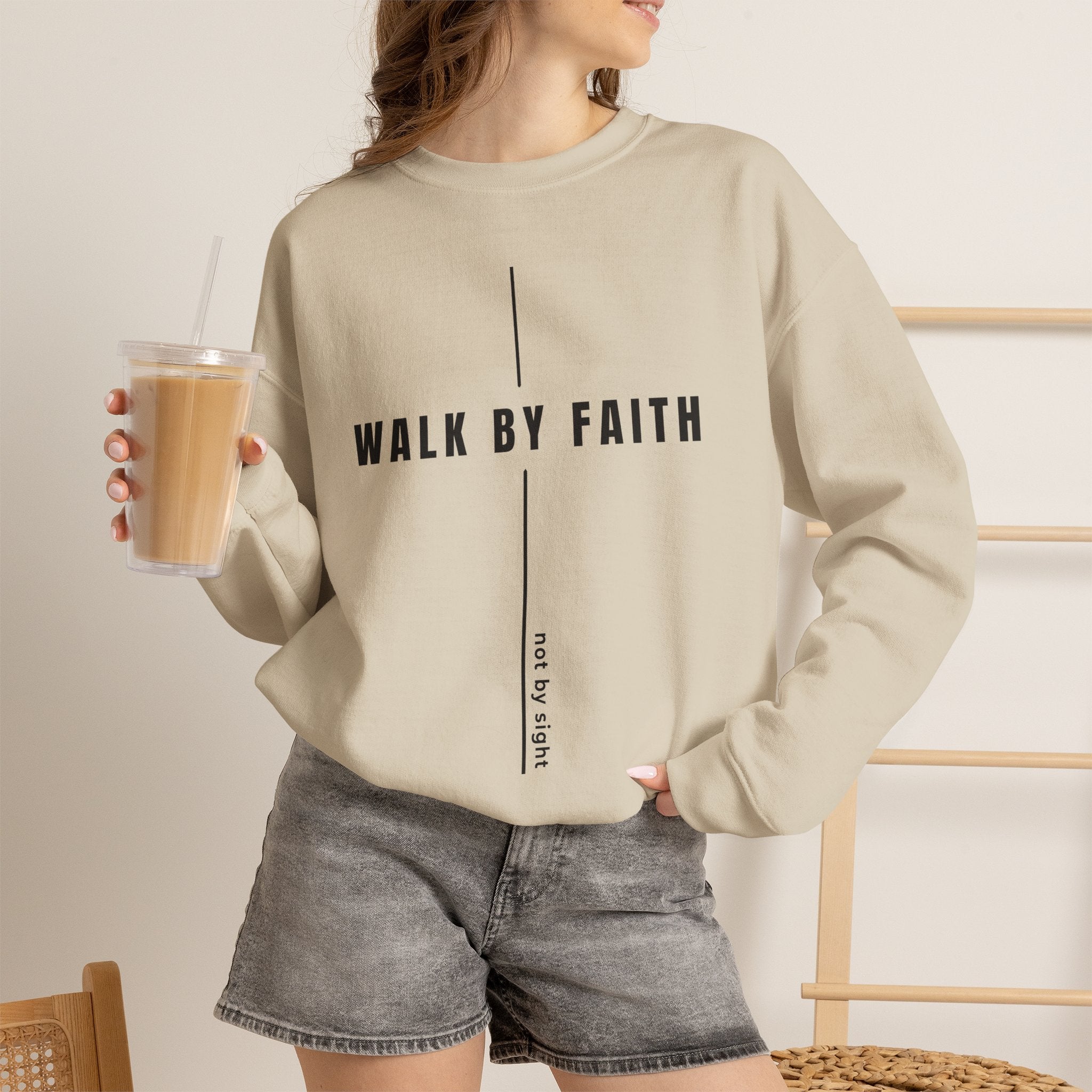 Christian Crewneck Sweatshirt "Walk By Faith" Pullover, 2 Corinthians 5:7 Apparel, Minimalist Faith Graphic Sweatshirt