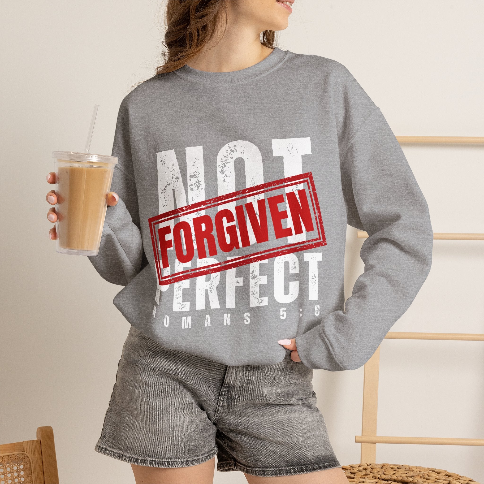 Christian Crewneck Sweatshirt — "Not Perfect, Forgiven" (Romans 5:8)