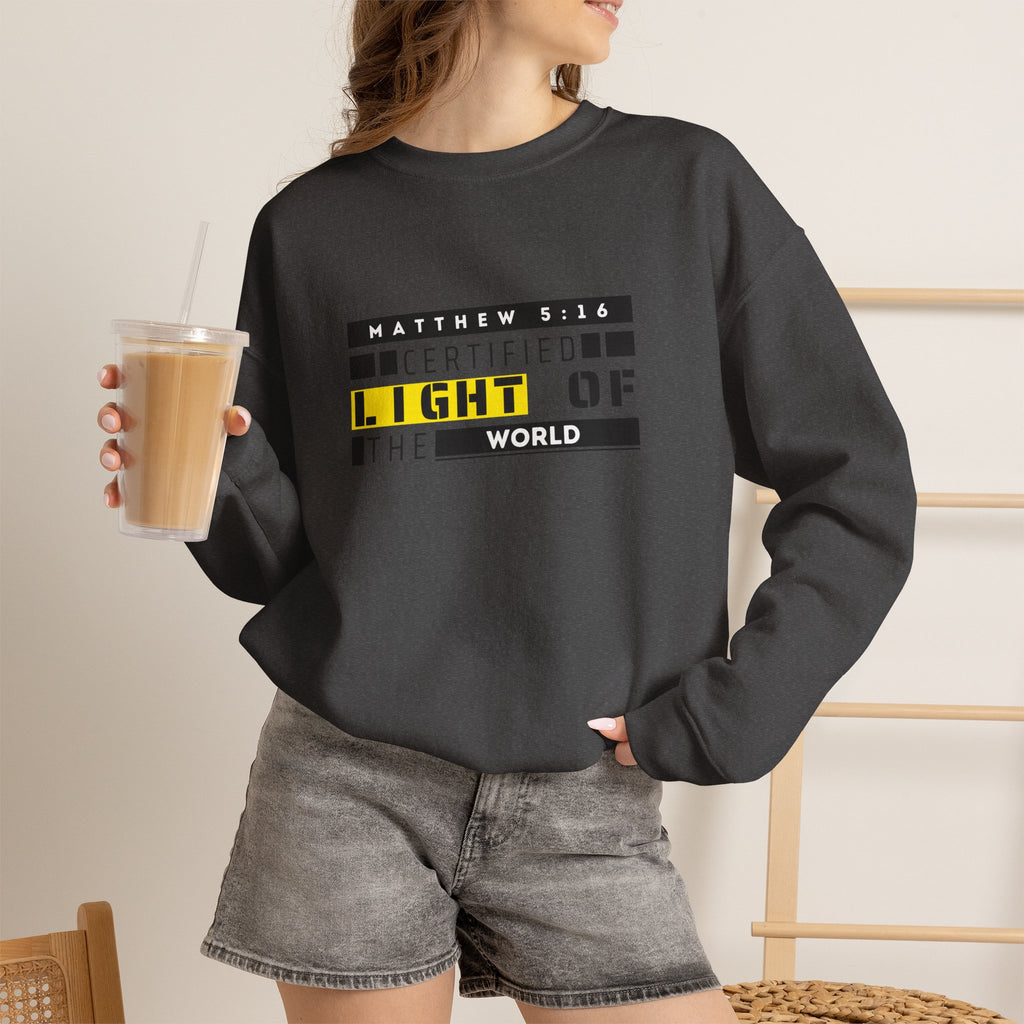 Christian Crewneck Sweatshirt "Certified Light of the World" Pullover, Matthew 5:14 Scripture Apparel, Trendy Faith Graphic Sweatshirt