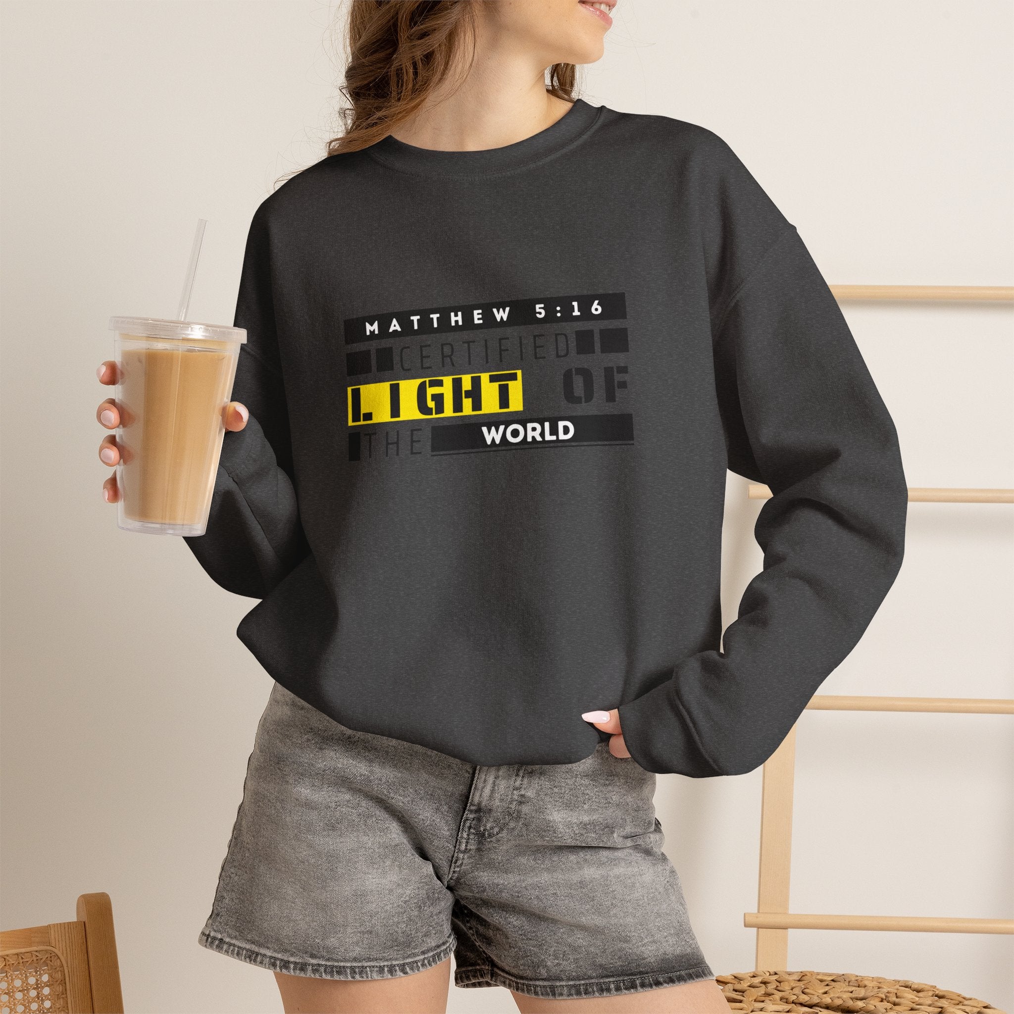 Christian Crewneck Sweatshirt "Certified Light of the World" Pullover, Matthew 5:14 Scripture Apparel, Trendy Faith Graphic Sweatshirt
