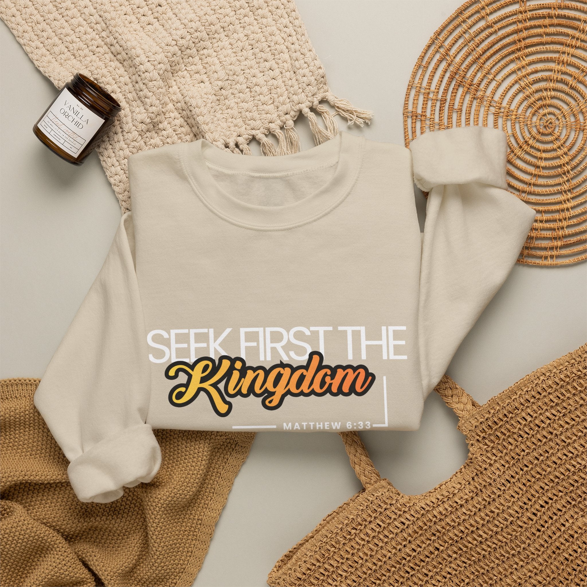 Christian Crewneck Sweatshirt "Seek First the Kingdom" Pullover, Matthew 6:33 Scripture Apparel, Inspirational Faith Graphic Sweatshirt