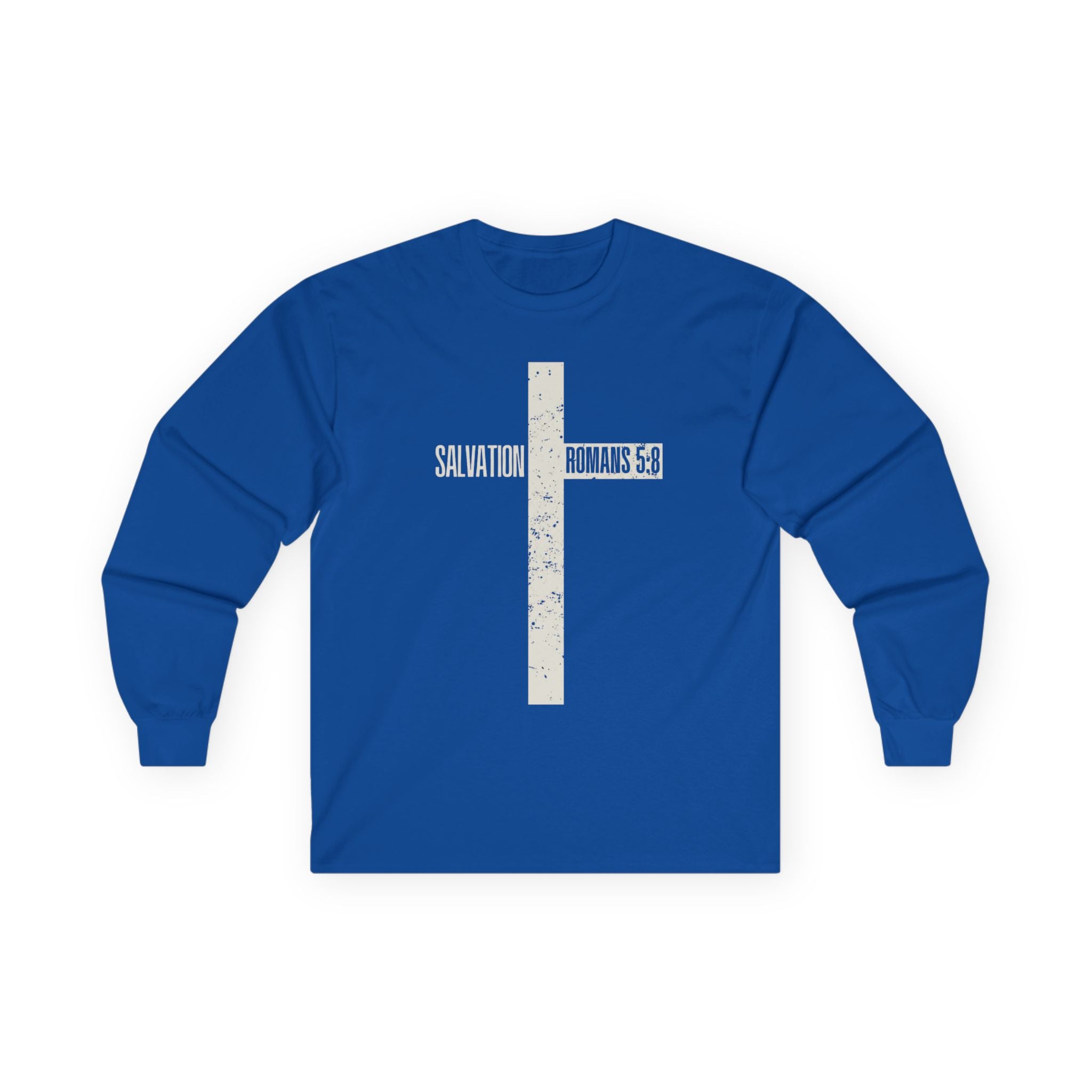 Salvation Cross Long Sleeve Tee — "Romans 5:8" Christian Faith Shirt