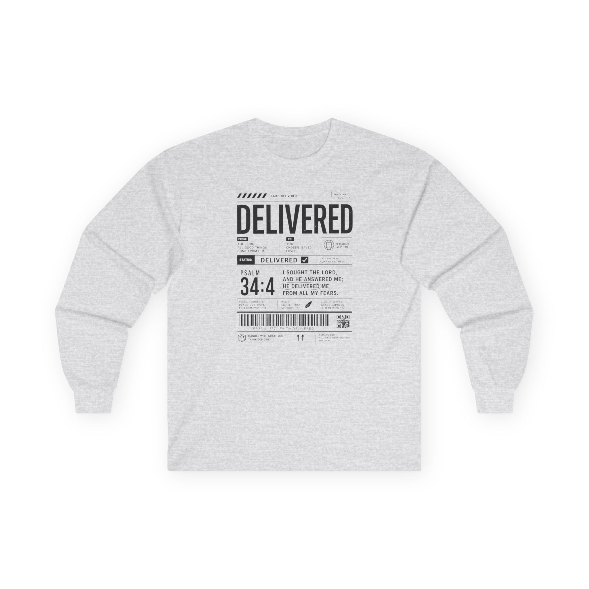 Long Sleeve Christian Tee — 'Delivered' Shipping Label Graphic