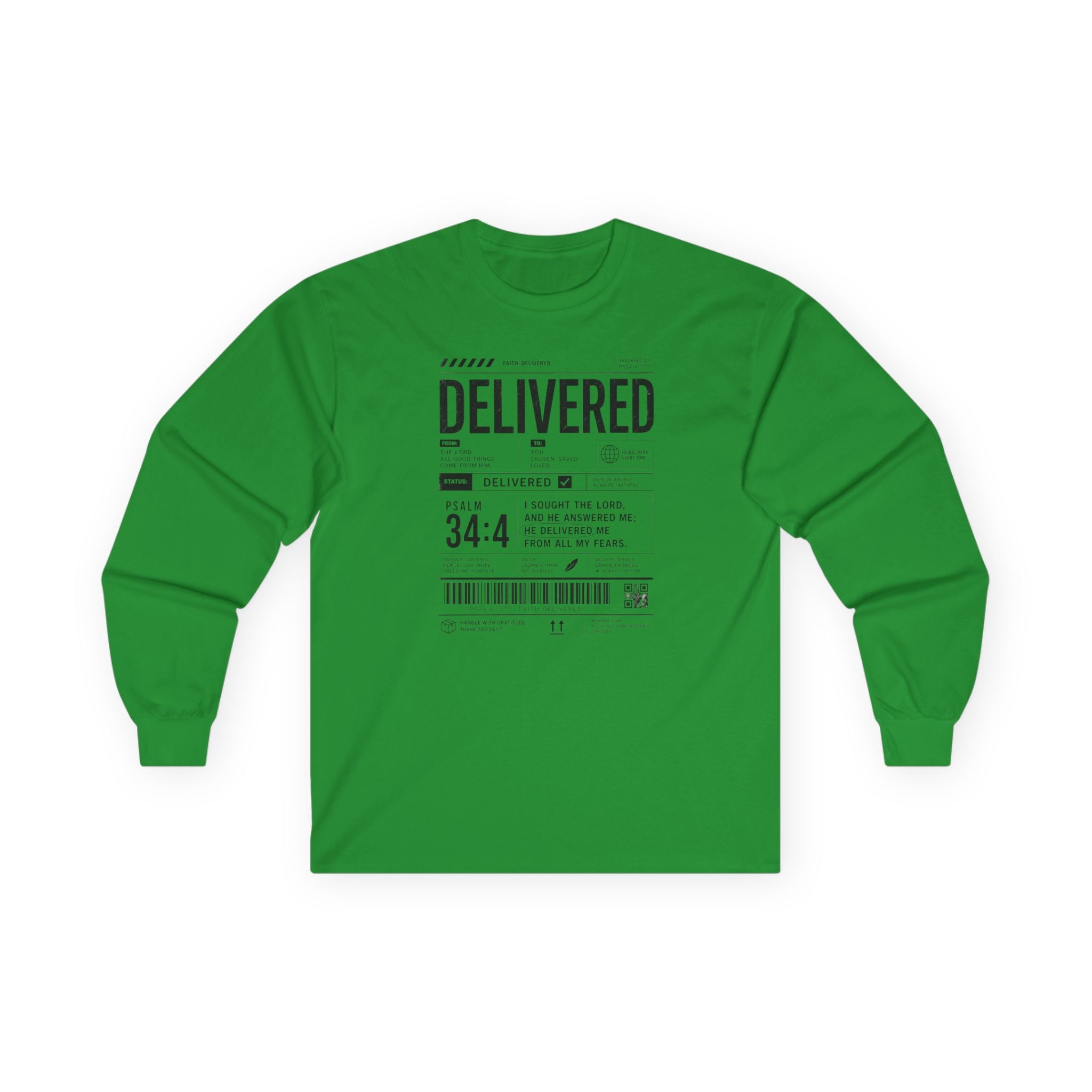 Long Sleeve Christian Tee — 'Delivered' Shipping Label Graphic