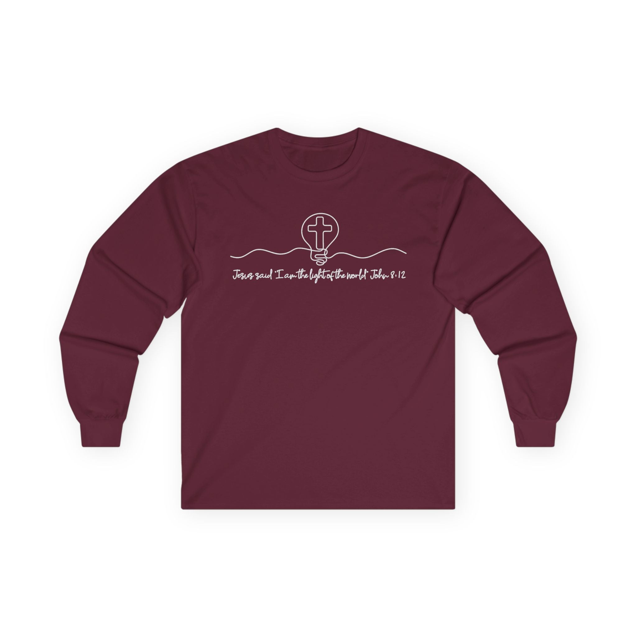 Christian Long Sleeve Tee — "I Am the Light" Minimal Cross Design