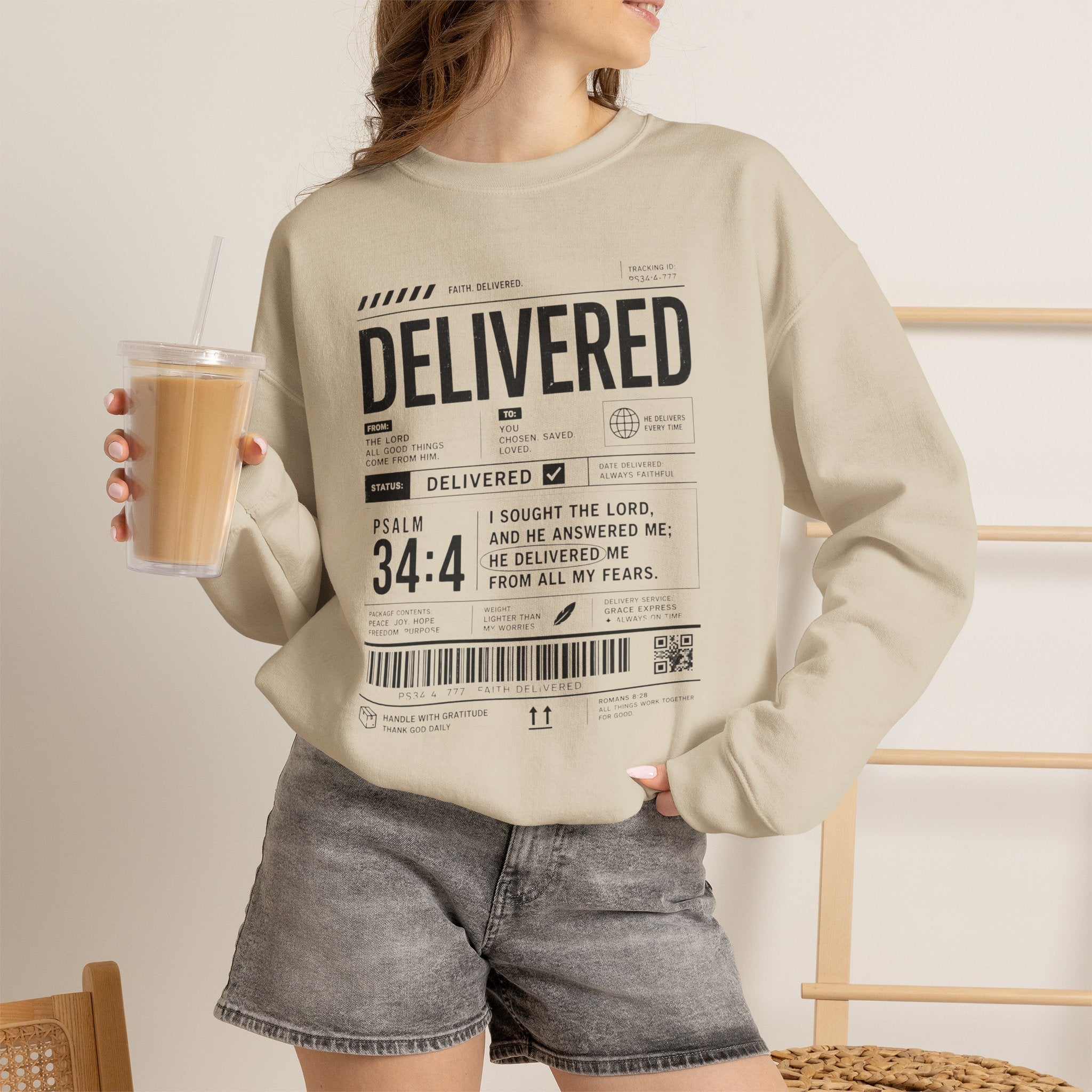 Delivered Sweatshirt — 'Delivered' Typography Crewneck with Psalm 34:4 Design