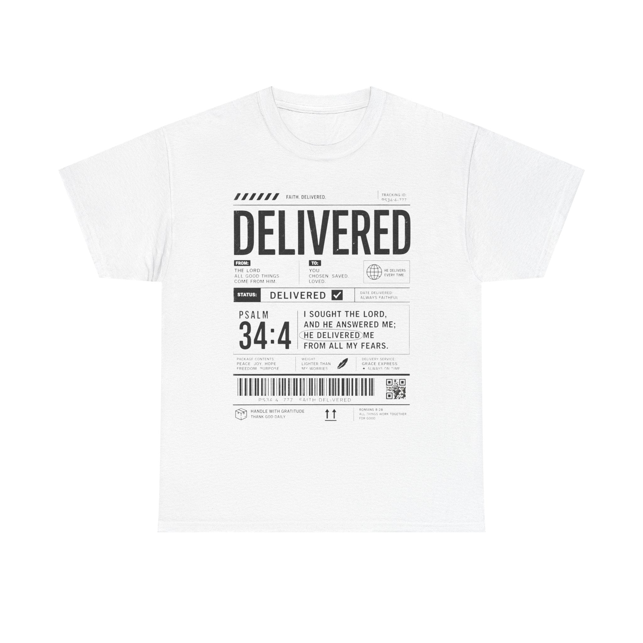 Delivered Graphic Tee — Inspirational Psalm 34:4 Christian T-Shirt