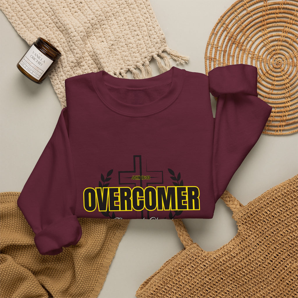 "Overcomer" Cross Graphic Crewneck – Unisex Minimalist Faith Pullover