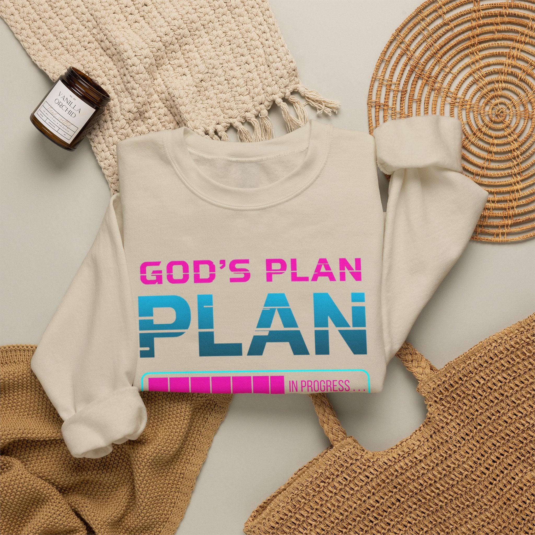 God's Plan Crewneck Sweatshirt — Retro Neon Faith Graphic