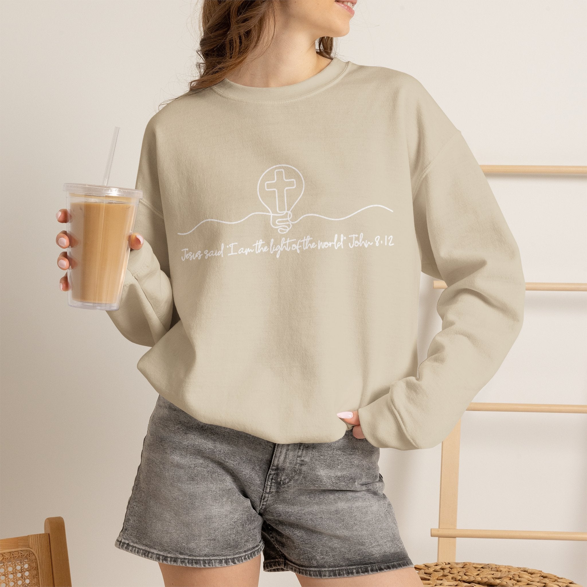 Christian Crewneck Sweatshirt "I AM the Light" Cross Pullover, John 8:12 Scripture Apparel, Faith Graphic Sweatshirt