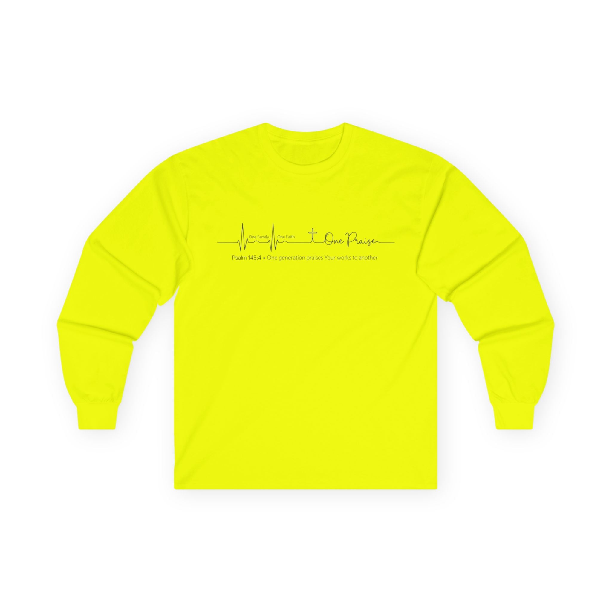 Long Sleeve Tee — Hope Heartbeat Cross "One Faith One Family One Praise" Minimalist Christian Shirt