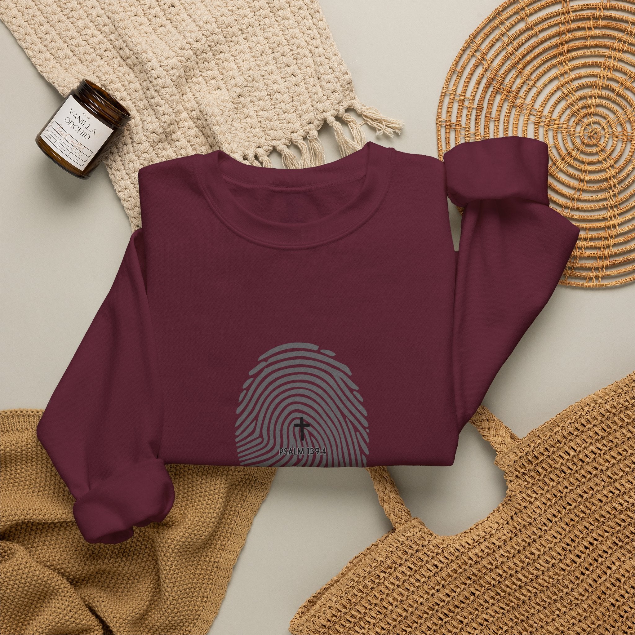 Christian Crewneck Sweatshirt "Heavenly Crafted" Fingerprint Pullover, Psalm 139 Identity Apparel, Unique Faith Graphic Sweatshirt