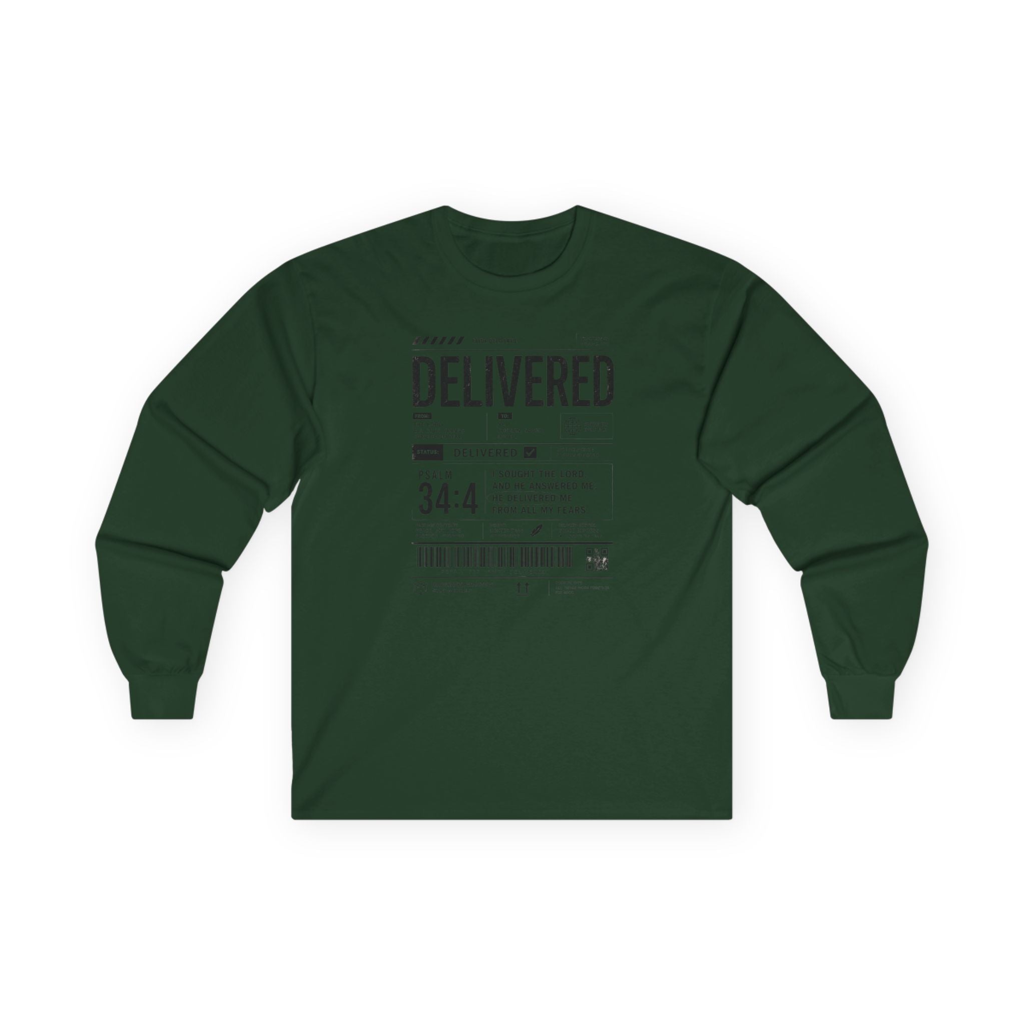 Long Sleeve Christian Tee — 'Delivered' Shipping Label Graphic