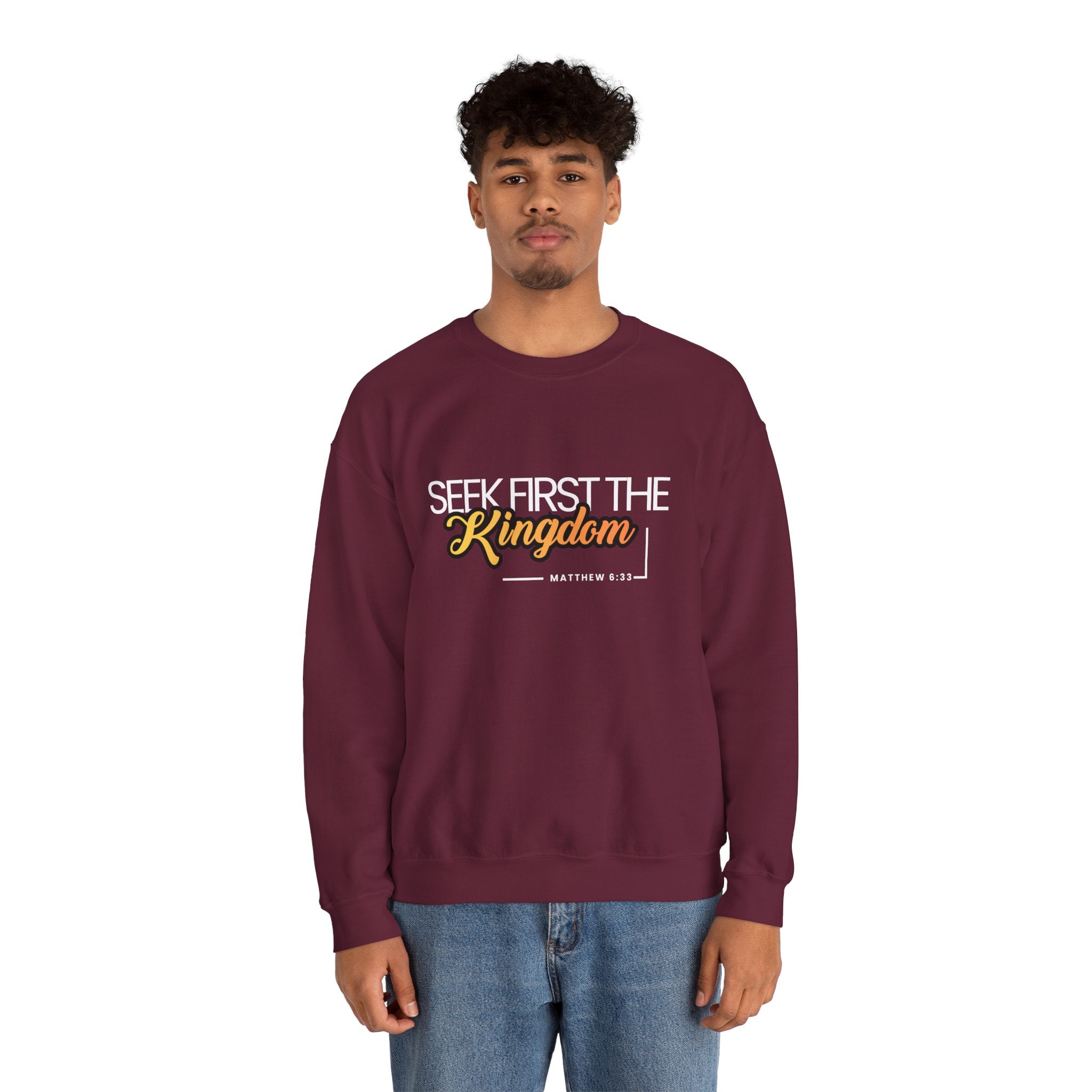 Christian Crewneck Sweatshirt "Seek First the Kingdom" Pullover, Matthew 6:33 Scripture Apparel, Inspirational Faith Graphic Sweatshirt