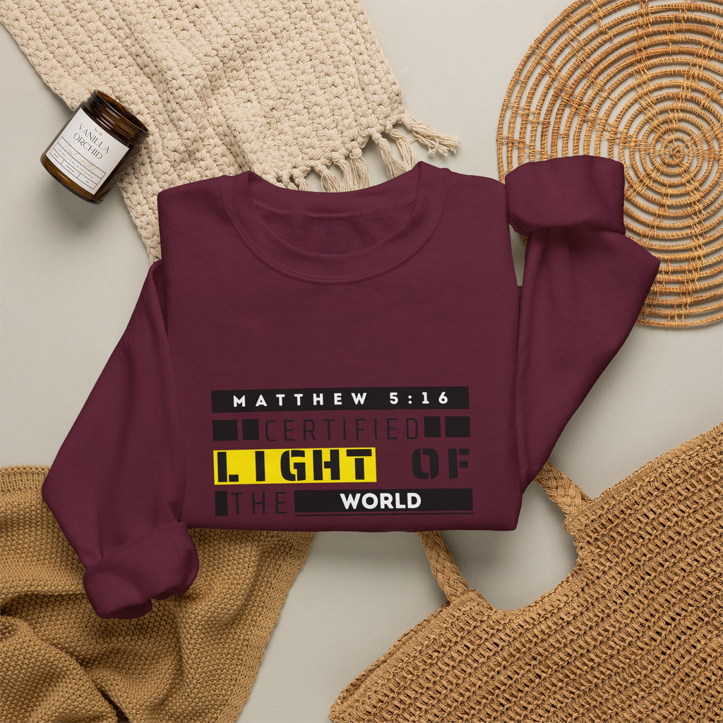 Christian Crewneck Sweatshirt "Certified Light of the World" Pullover, Matthew 5:14 Scripture Apparel, Trendy Faith Graphic Sweatshirt