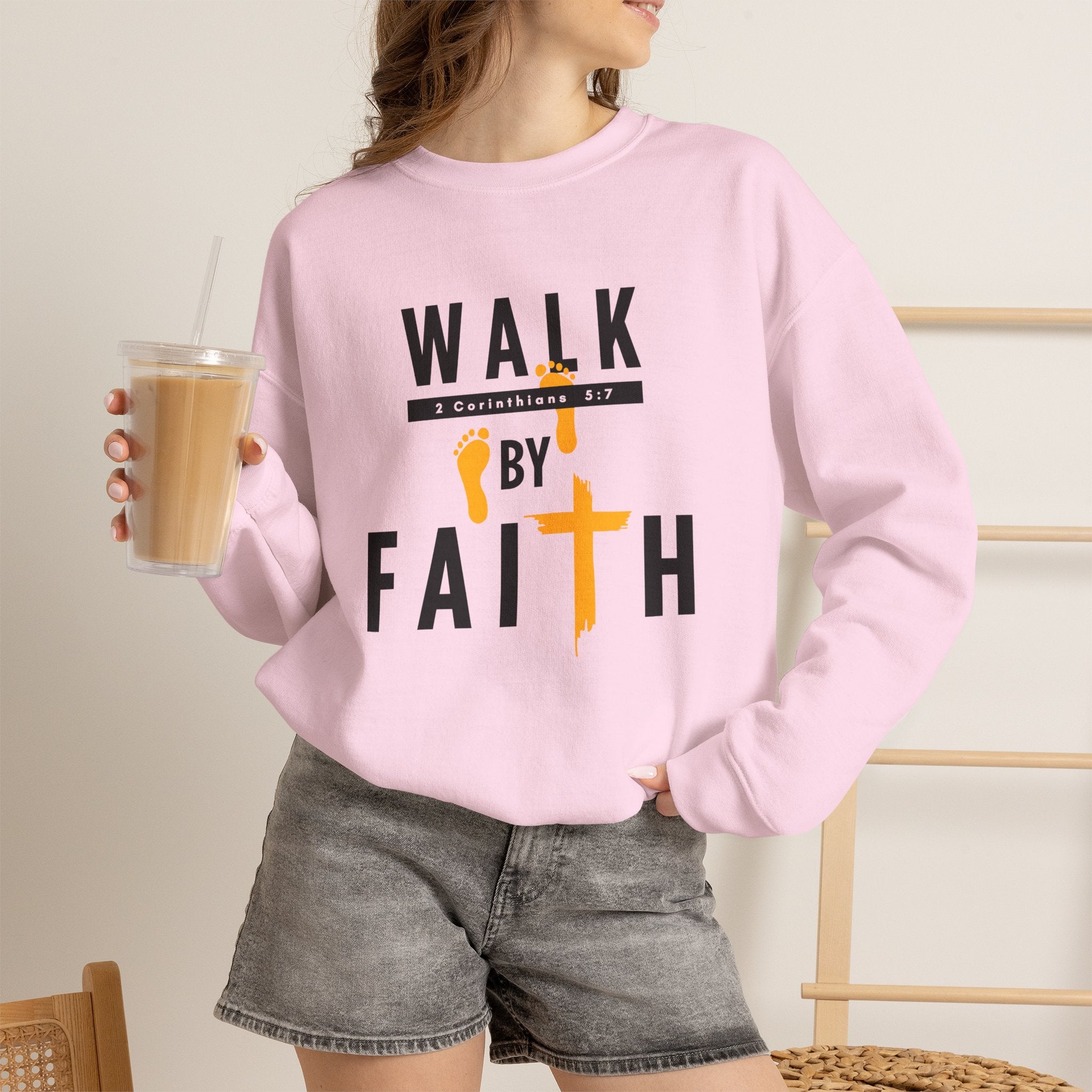 Christian Crewneck Sweatshirt "Walk By Faith" Pullover, 2 Corinthians 5:7 Apparel, Inspirational Faith Graphic Sweatshirt