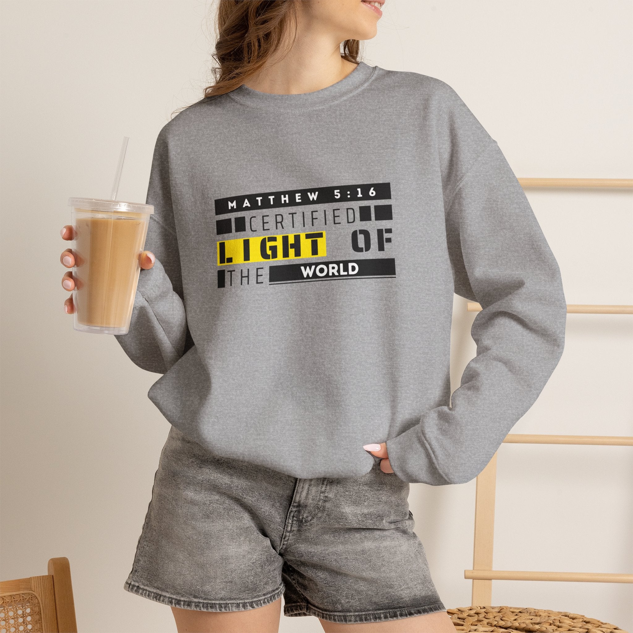 Christian Crewneck Sweatshirt "Certified Light of the World" Pullover, Matthew 5:14 Scripture Apparel, Trendy Faith Graphic Sweatshirt