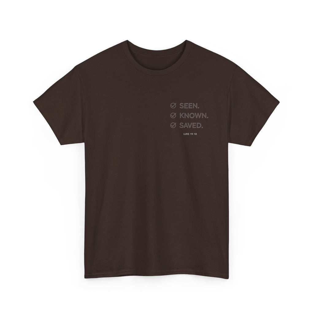 Black Text-Pattern T-Shirt — Seen Known Saved Christian Typography Graphic Tee