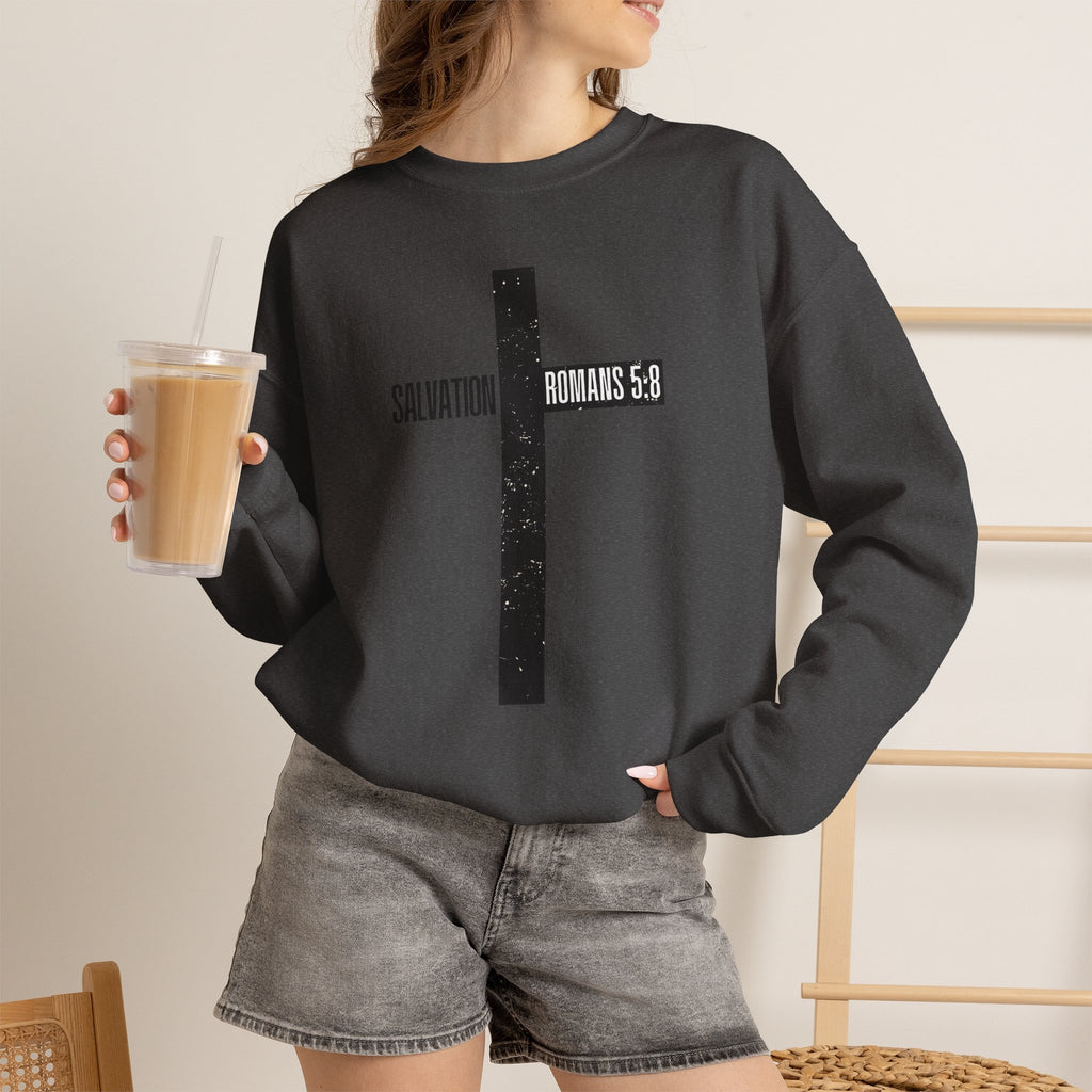 Christian Crewneck Sweatshirt "Salvation" Romans 5:8 Pullover, Jesus Cross Apparel, Faith Grace Graphic Sweatshirt