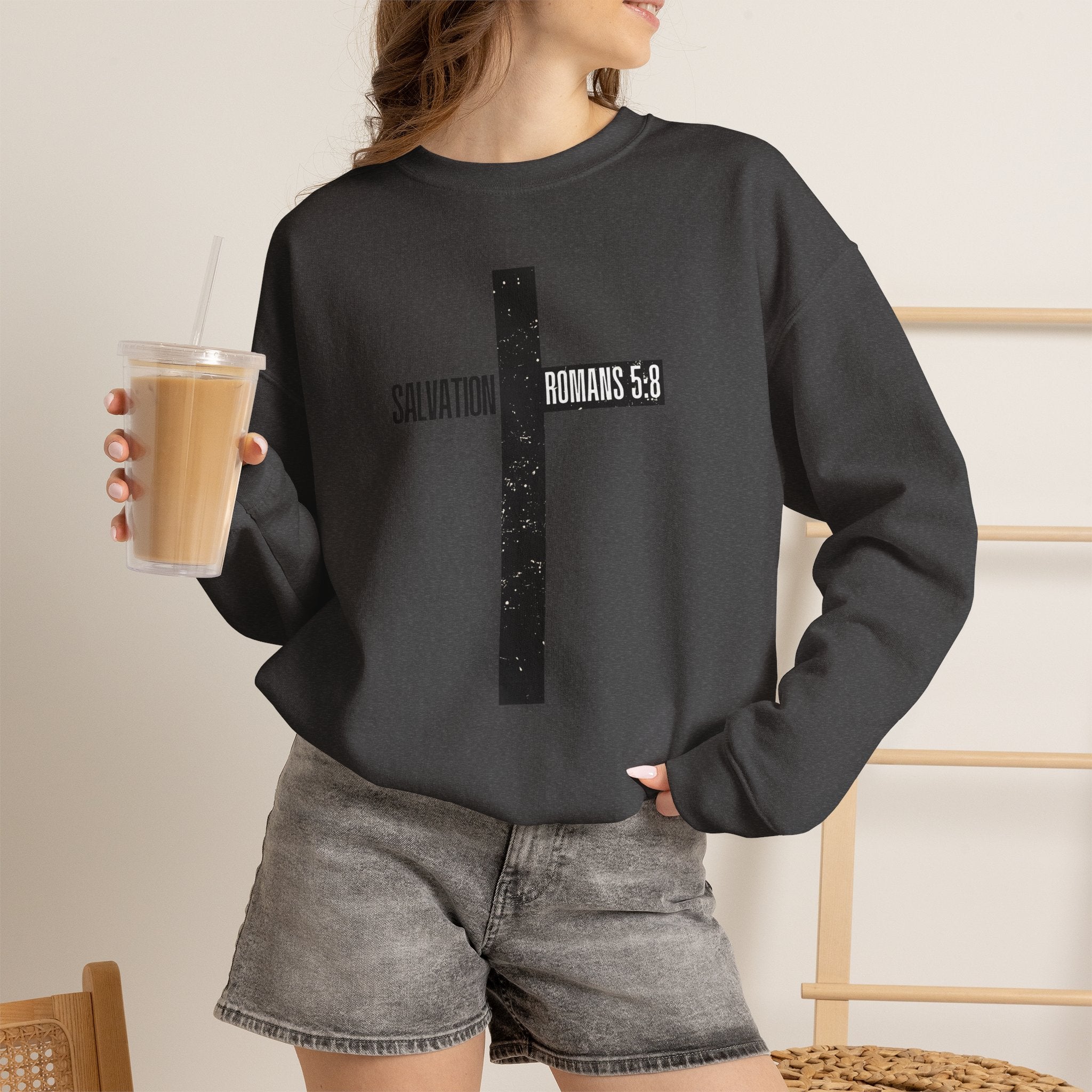 Christian Crewneck Sweatshirt "Salvation" Romans 5:8 Pullover, Jesus Cross Apparel, Faith Grace Graphic Sweatshirt