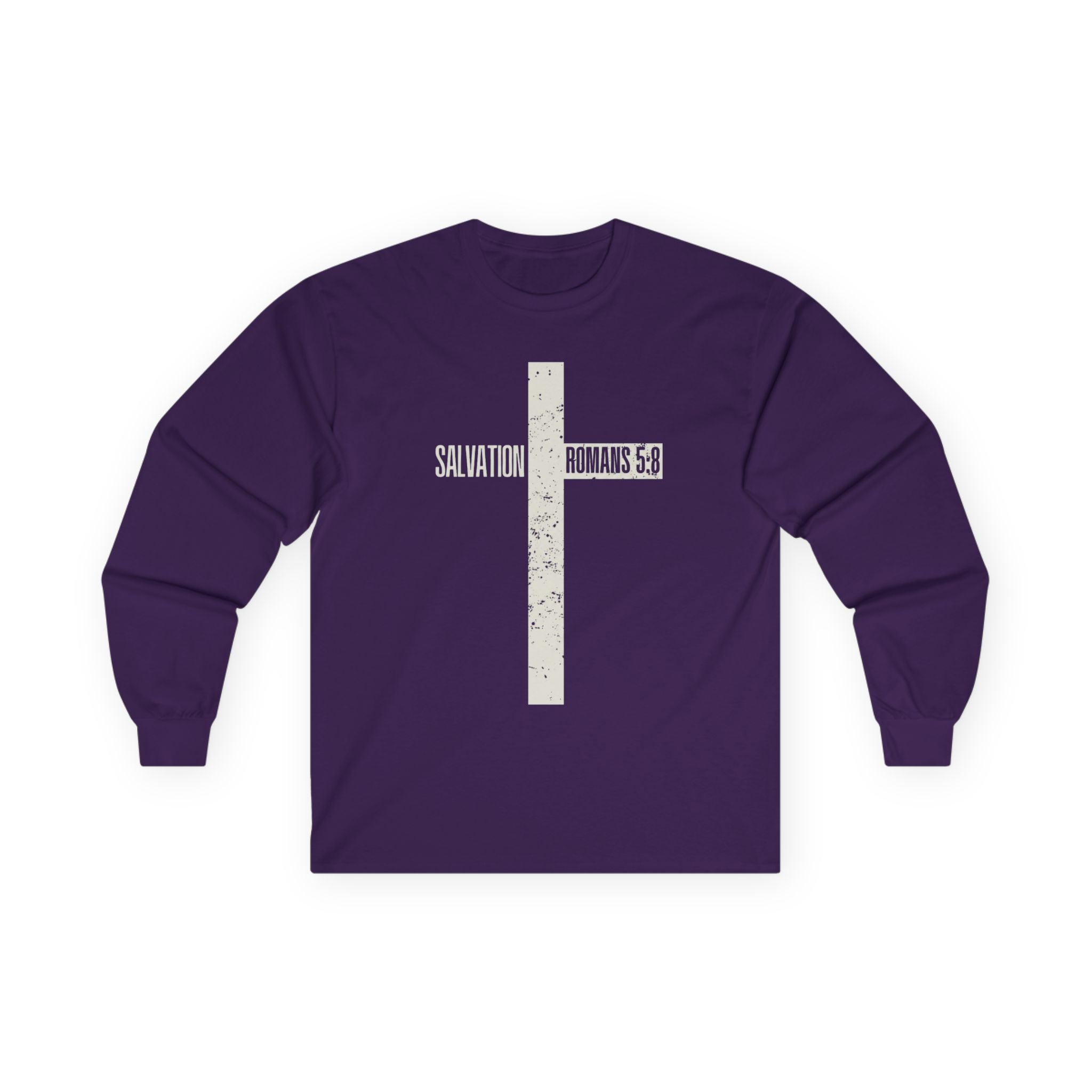 Salvation Cross Long Sleeve Tee — "Romans 5:8" Christian Faith Shirt