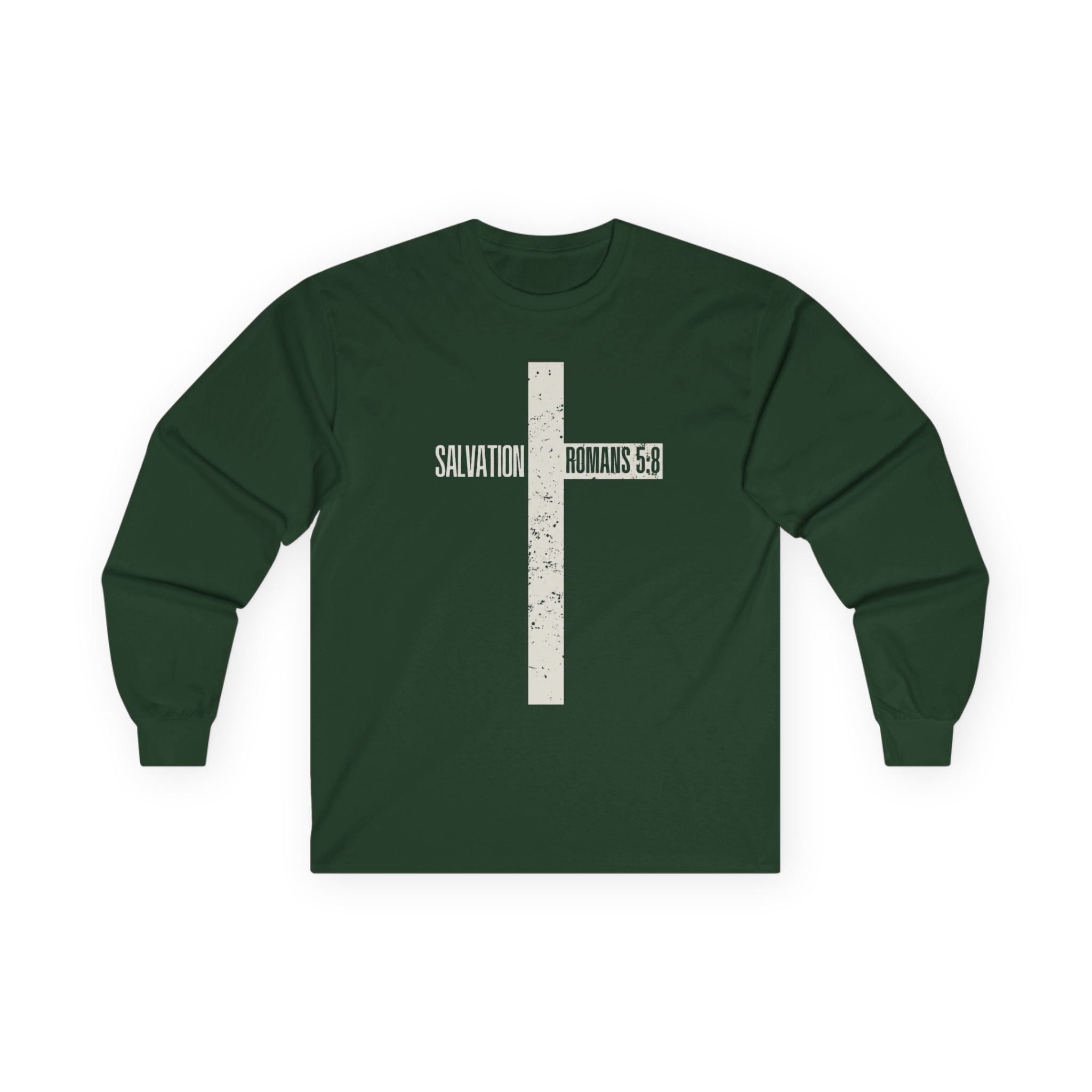 Salvation Cross Long Sleeve Tee — "Romans 5:8" Christian Faith Shirt