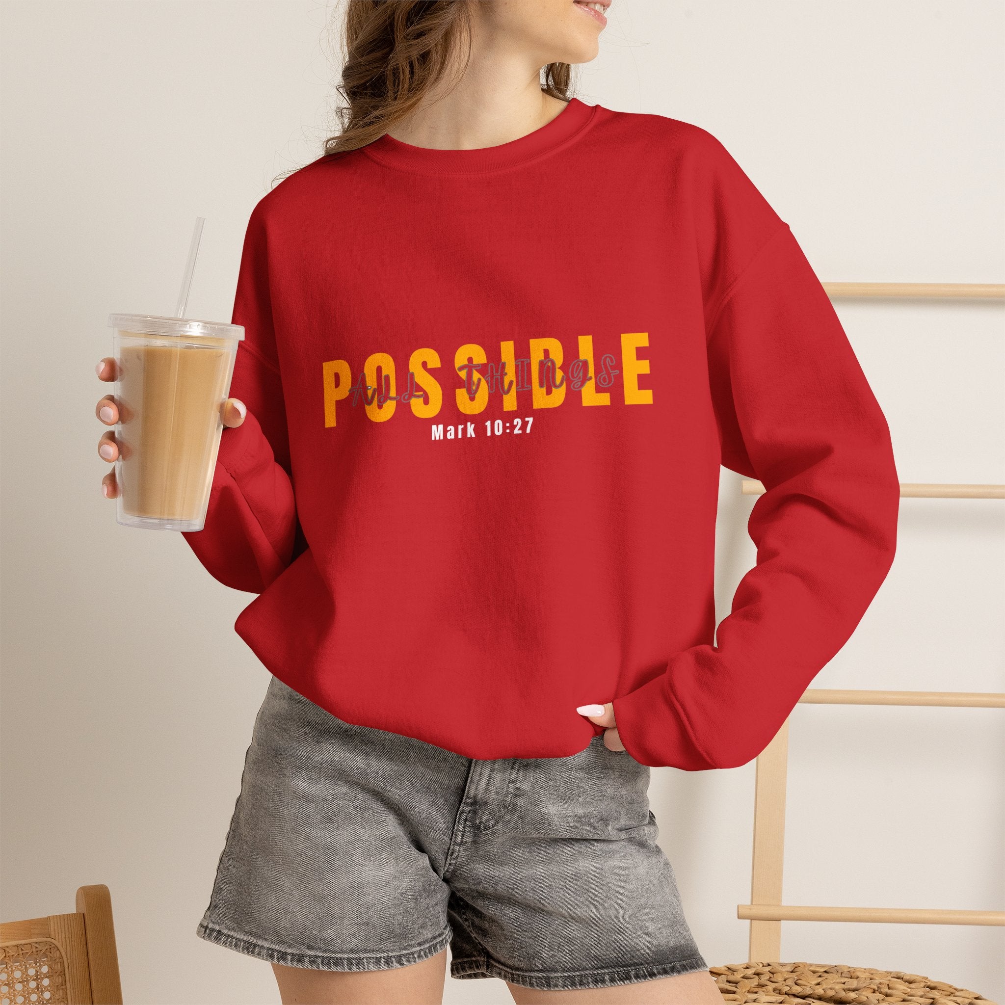 Christian Crewneck Sweatshirt "Possible" Pullover, Mark 10:27 Scripture Apparel, All Things Are Possible Faith Graphic Sweatshirt