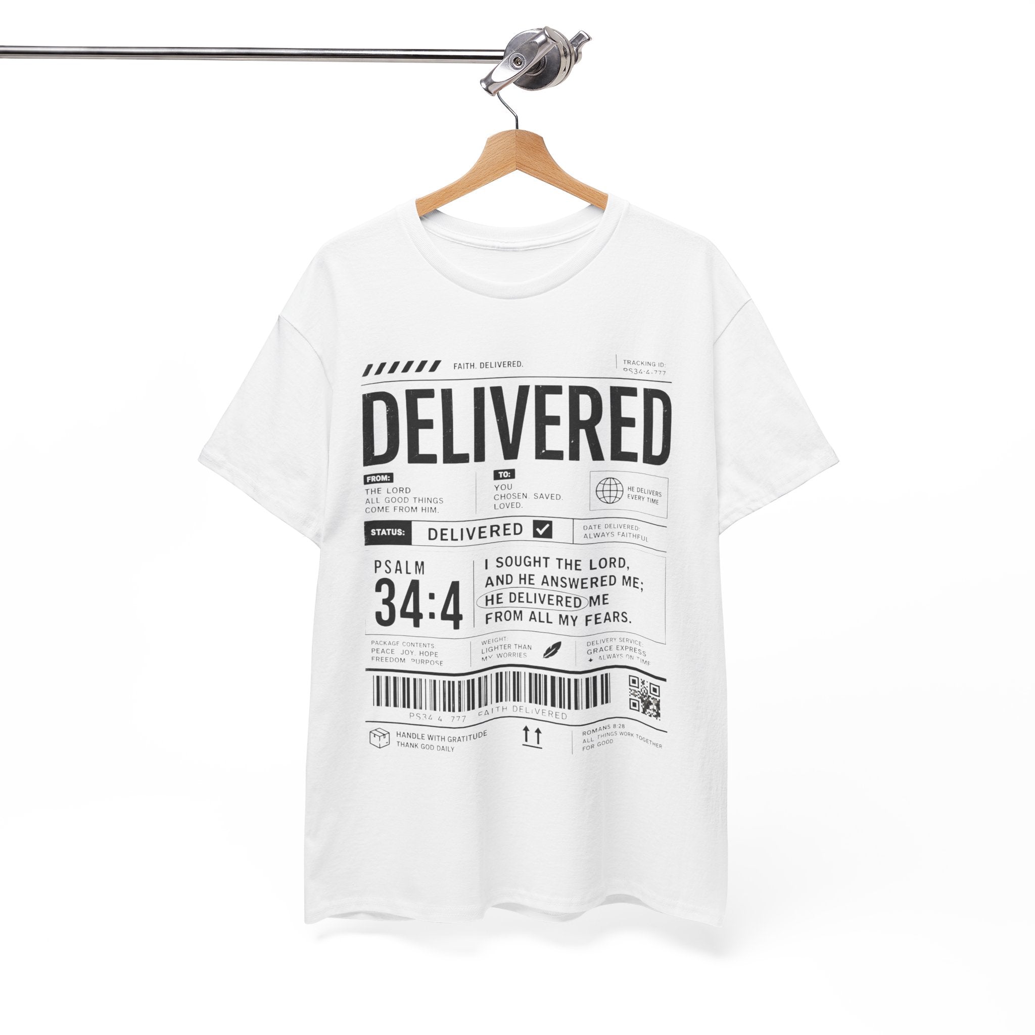 Delivered Graphic Tee — Inspirational Psalm 34:4 Christian T-Shirt