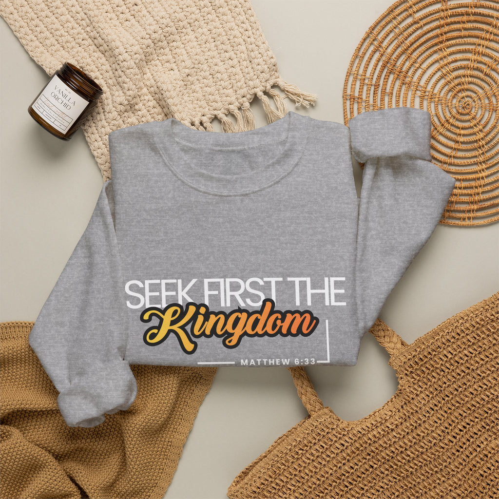 Christian Crewneck Sweatshirt "Seek First the Kingdom" Pullover, Matthew 6:33 Scripture Apparel, Inspirational Faith Graphic Sweatshirt
