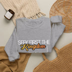 Christian Crewneck Sweatshirt "Seek First the Kingdom" Pullover, Matthew 6:33 Scripture Apparel, Inspirational Faith Graphic Sweatshirt