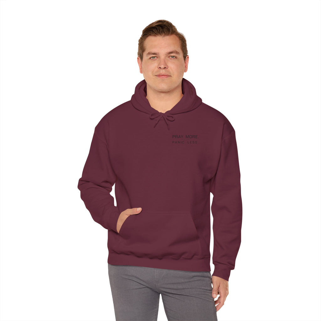 Minimal 'Pray More, Panic Less' Hoodie — Monochrome Graphic Back Print