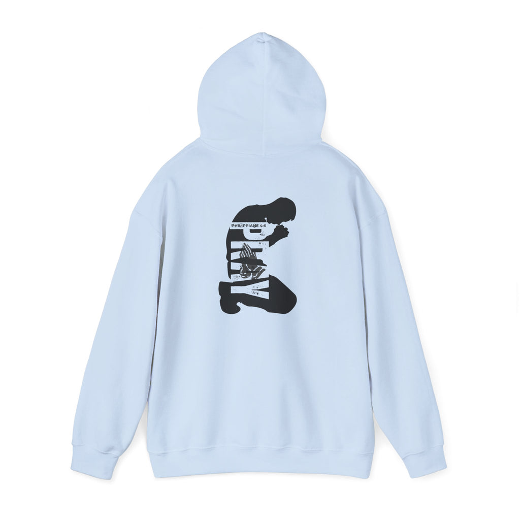 Minimal 'Pray More, Panic Less' Hoodie — Monochrome Graphic Back Print