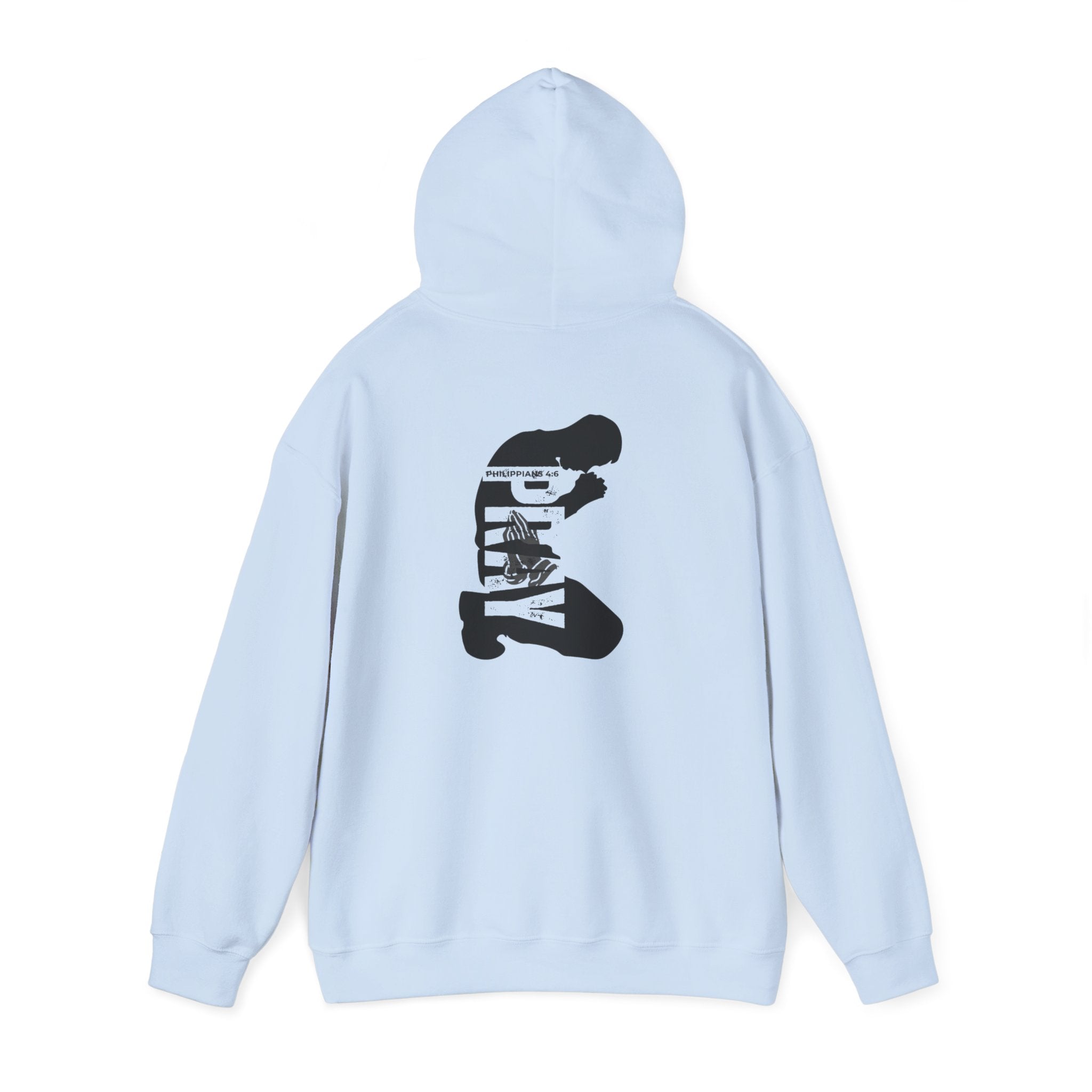 Minimal 'Pray More, Panic Less' Hoodie — Monochrome Graphic Back Print