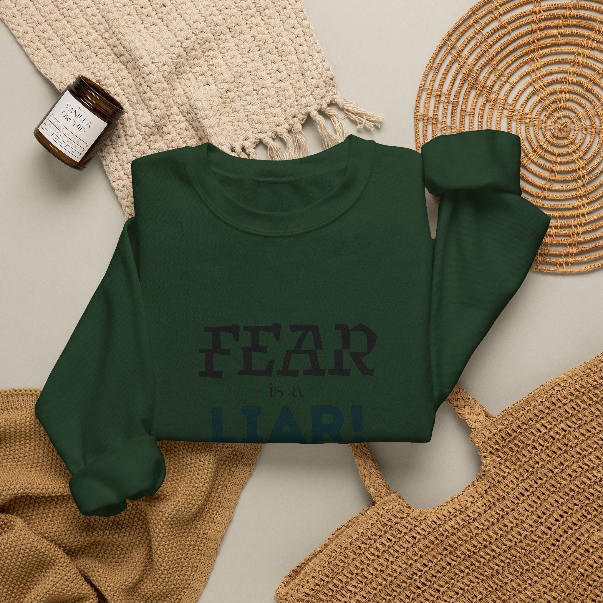Inspirational Crewneck Sweatshirt "Fear is a Liar" Pullover, Positive Mindset Apparel, Motivational Faith Graphic Sweatshirt