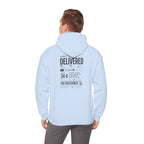 Christian Graphic Hoodie 'Delivered' Shipping Label Pullover, Faith-Based Streetwear Sweatshirt